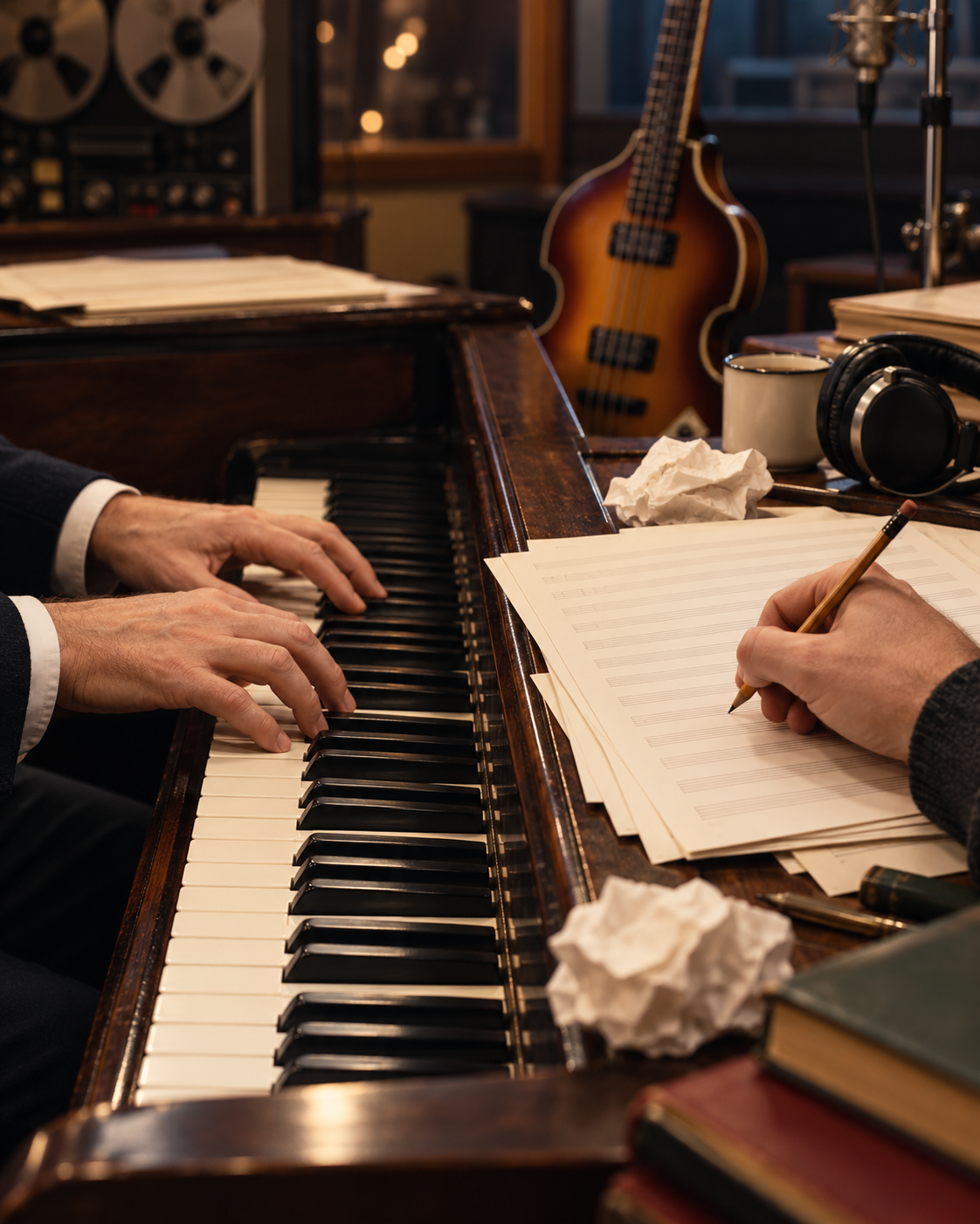 AI-generated illustrative cover, created 2026-10-25. Prompt: “Editorial music photograph, vertical 4:5, two songwriters' hands working over piano keys and handwritten blank sheet music, studio desk, no readable text, no faces or logos. Illustrative cover about Paul McCartney and songwriting.”