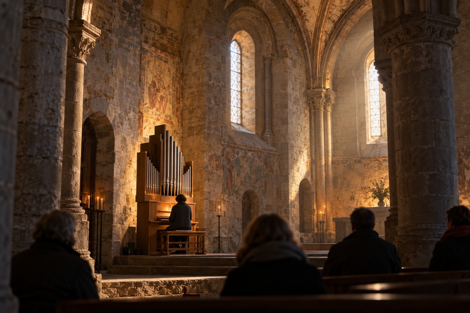 AI-generated editorial reconstruction of a compact organ in a medieval German church; not a documentary photograph. Generated with OpenAI image generation on 2026-10-25. Prompt: “A cinematic, photorealistic editorial illustration inside a small medieval stone church in Germany: a compact experimental pipe organ sits against old masonry, visitors listening quietly as one sustained chord fills the vast, still space. Emphasize the contrast between a tiny organ and centuries-old architecture, warm muted light, thoughtful atmosphere, no people recognizable, no text or numbers, no labels, no collage. Clearly an artistic reconstruction, not documentary evidence.” Converted from PNG to JPEG.