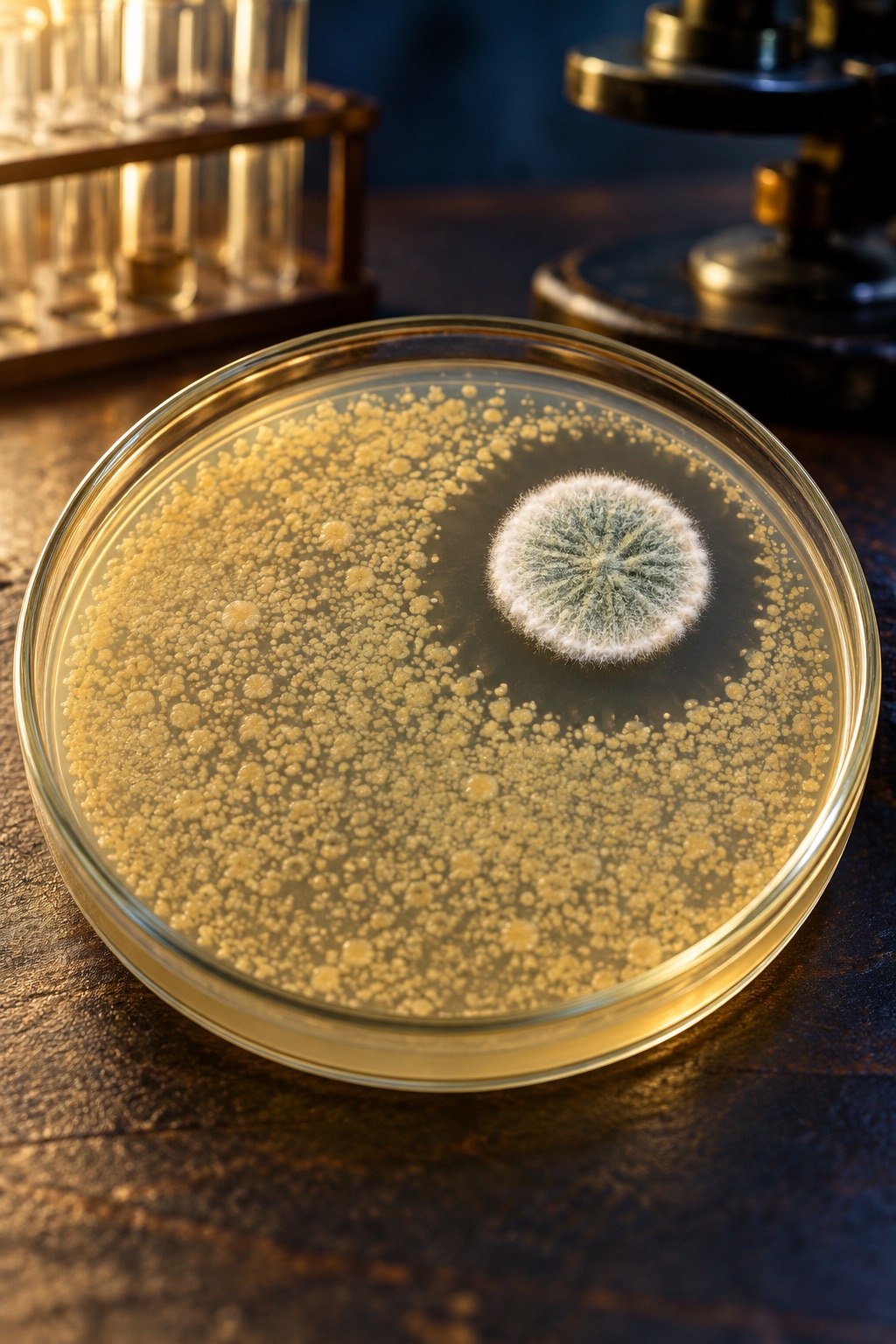 AI-generated conceptual illustration of a laboratory culture plate with a mould colony and a clear zone where bacterial growth is inhibited. It is not Fleming’s historical plate, a real specimen, or documentary evidence. Prompt: “Conceptual editorial science illustration, not a historical photograph: close view of a 1920s-era glass petri dish with a pale mould colony and a clear ring in a field of bacterial growth, suggesting the observation that led to penicillin. No label, handwriting, real person, lab logo, text, or claim to depict Alexander Fleming’s actual culture plate. Museum-science illustration, muted cream, amber, and deep blue, vertical 4:5 crop.” Generated 2026-10-29; no external source or documentary role.