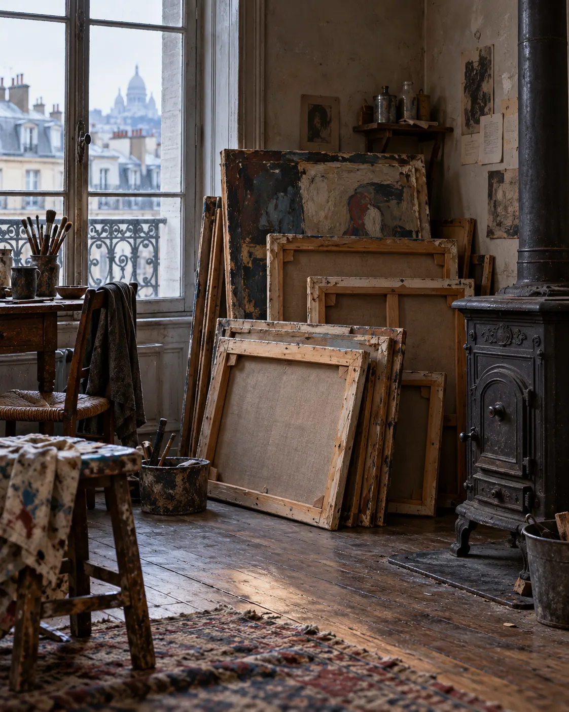 symbolic illustration of used canvases in a modest Paris studio, not a depiction of Picasso or the disputed burning anecdote.