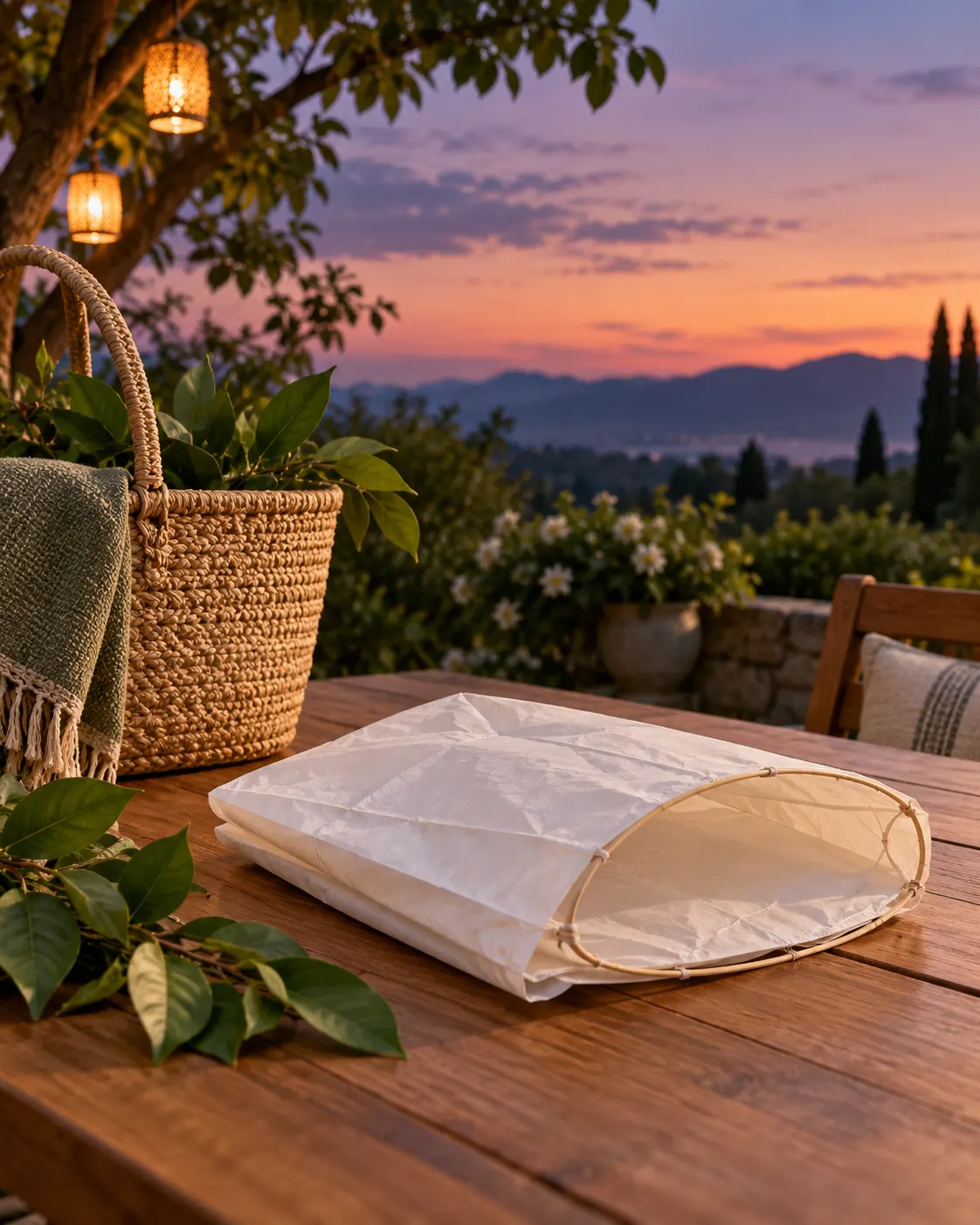 AI-generated unlit paper lantern in a garden setting, used as a quiet environmental-care illustration; no launch or event depicted. Prompt: “Photorealistic vertical 4:5 editorial still life illustrating environmental care around sky lantern traditions: a folded, unlit paper lantern resting on a clean wooden table outdoors beside green leaves and a reusable basket, calm dusk garden in background. No one is launching it, no fire, no litter or wildlife. Generic illustrative context, no text, logos or event branding.” Generated 20 October 2026.