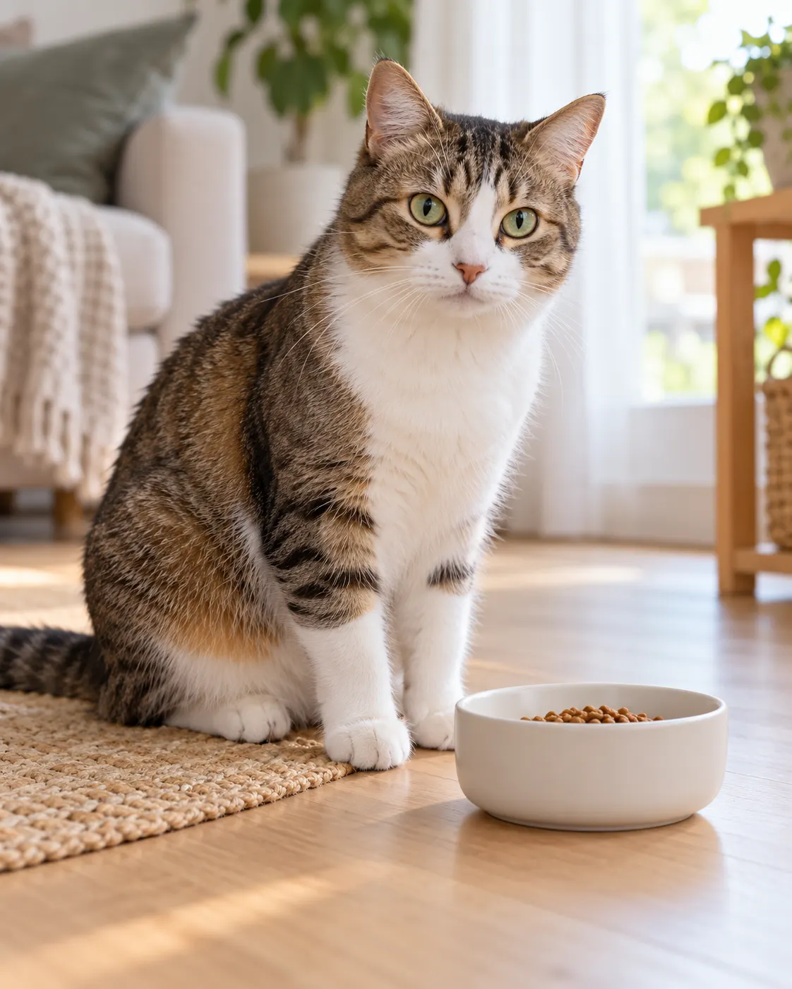AI-generated healthy domestic cat beside a modest food portion, illustrating ordinary responsible pet care; not a record attempt. Prompt: “Photorealistic vertical 4:5 editorial image about responsible pet care: a healthy adult domestic cat calmly beside a small measured portion of food in a plain bowl, in a clean home. Balanced normal-sized cat, gentle natural light, no scale or weighing, no overfeeding, no record attempt. No text, numbers, brand labels or logos.” Generated 20 October 2026.