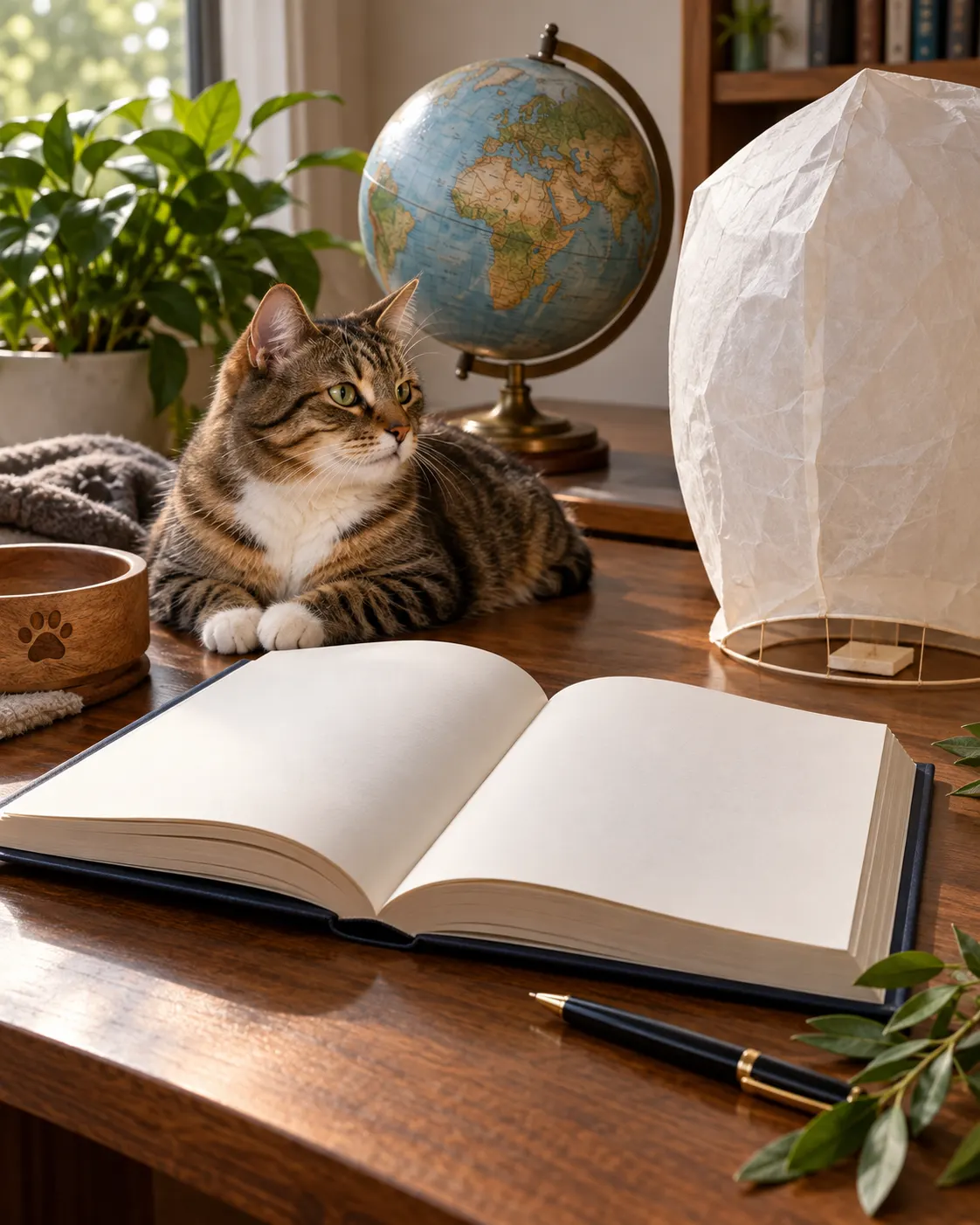 AI-generated cover symbolizing record ethics with a healthy cat, blank open book, globe and unlit lantern; no record attempt is shown. Prompt: “Photorealistic vertical 4:5 editorial cover about ethical rules for record attempts. On a quiet desk, an open blank rulebook beside a healthy domestic cat resting calmly and an unlit sky lantern, with a globe and pen suggesting animal welfare and environmental care. Neutral thoughtful mood. Do not show animal overfeeding or a lantern launch. No readable text, logos, Guinness branding or people.” Generated 20 October 2026.