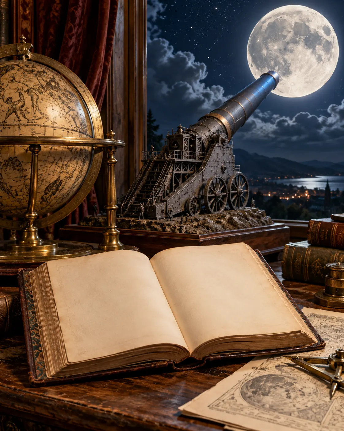 AI-generated cover image (created 2026-10-19): a generic open antique book, astronomical globe and cannon model evoke Verne’s fictional lunar voyage. Exact prompt: “Photorealistic editorial cover for Jules Verne's 1865 lunar voyage: an antique open blank novel beside a brass astronomical globe and a small engraved-style model of a giant 19th-century cannon aimed toward a luminous Moon, dramatic but realistic tabletop scene, vertical 4:5. Fictional literary concept, no readable text, no logos, no claim this was real engineering.”