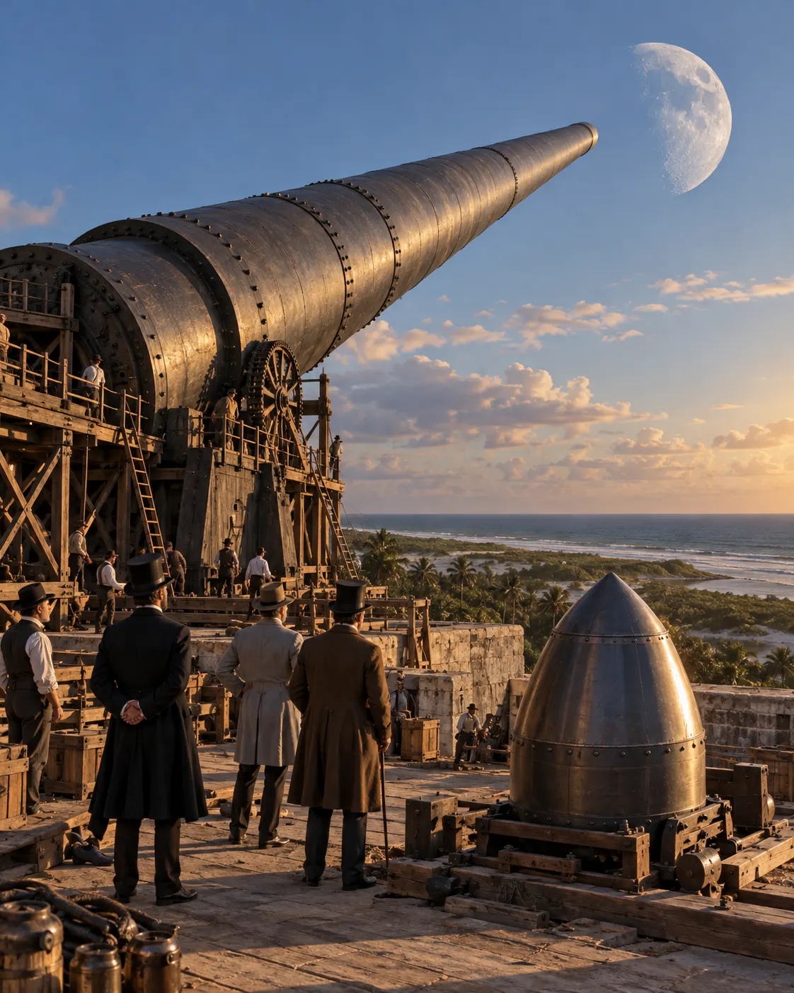 AI-generated editorial reconstruction (created 2026-10-19) of the novel’s imaginary cannon launch site; it is not real history or viable engineering. Exact prompt: “Photorealistic editorial reconstruction of a 19th-century fictional lunar cannon project inspired by Jules Verne: an enormous iron cannon barrel and a compact projectile capsule at a Florida-like coastal launch site, engineers in period clothing looking on, moon visible low in the sky, vertical 4:5. Clearly imagined literary scene, not real history or viable engineering; no readable text or logos.”