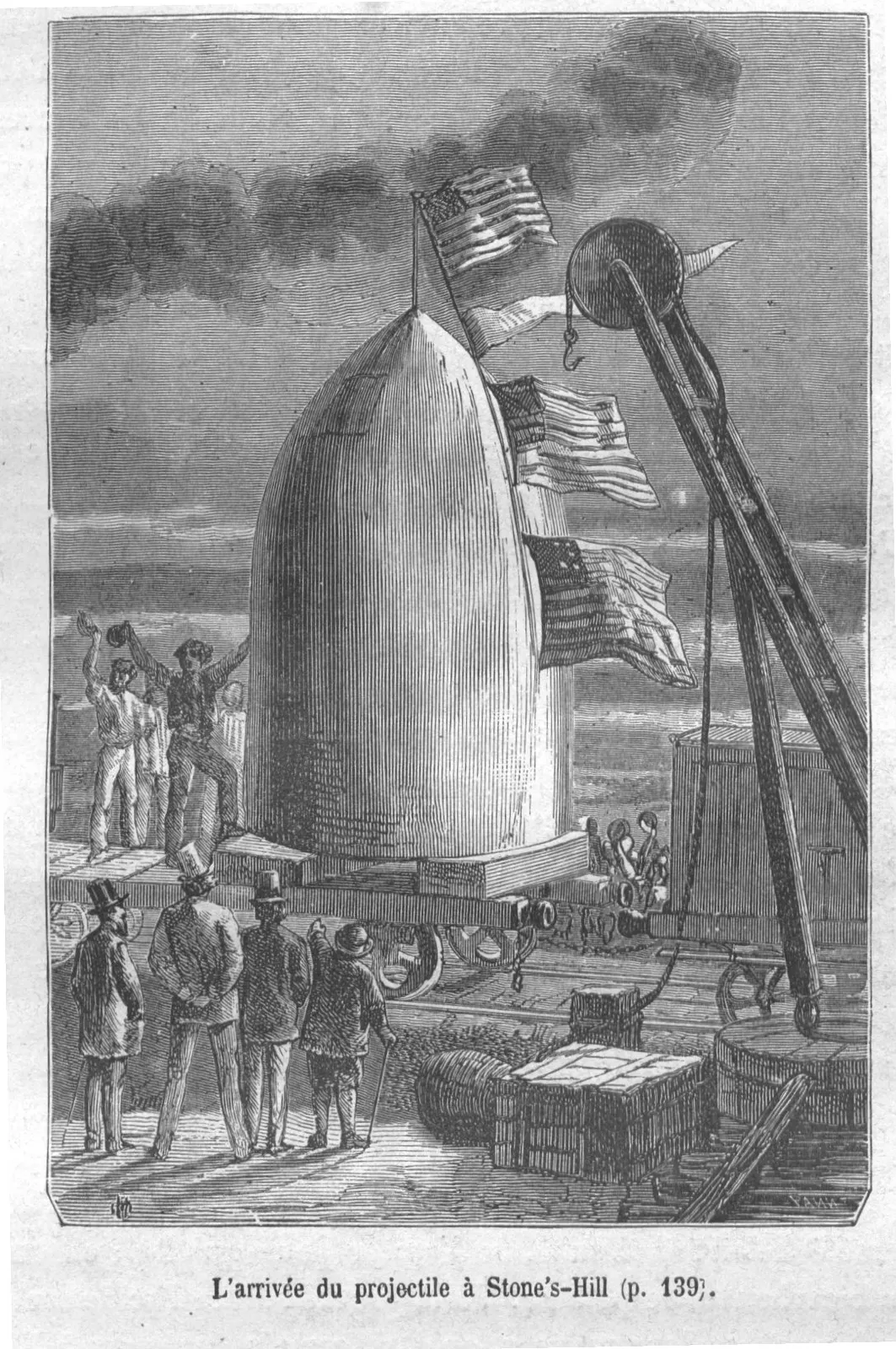 Documentary reproduction of Henri de Montaut’s and François Pannemaker’s 1865 illustration, “The arrival of the projectile at Stone-Hill,” from Verne’s novel. It depicts the fictional projectile/cannon project, not a real spaceflight. The original work is public domain; Commons notes jurisdictional details and identifies the scanned reproduction as public domain in the U.S. No edits. Original: https://commons.wikimedia.org/wiki/File:Arrivee_Projectile_DTAL.jpg.