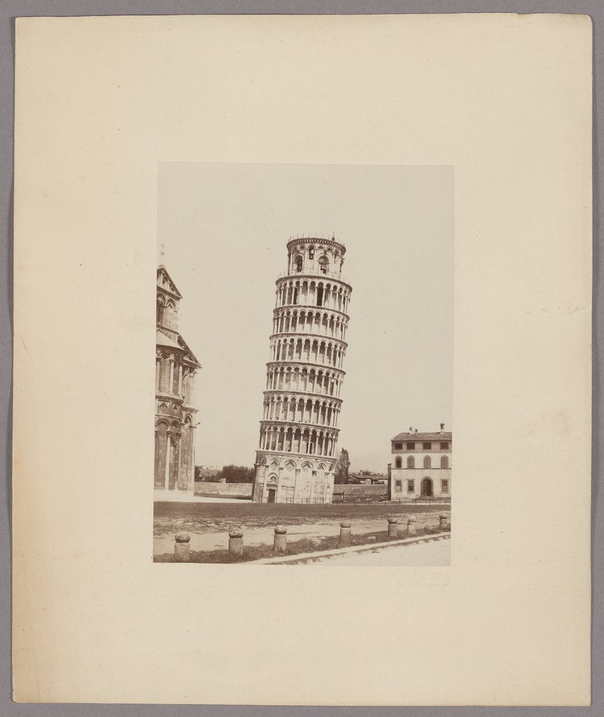 albumen photograph of the leaning tower around 1855, on its original mount.