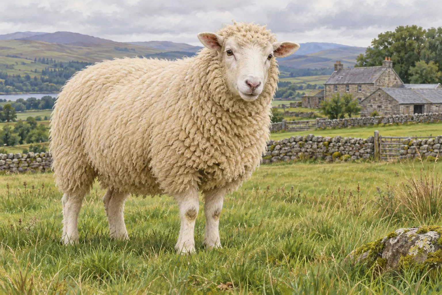 Synthetic educational illustration of a sheep; not a documentary portrait or archival photograph of Dolly.