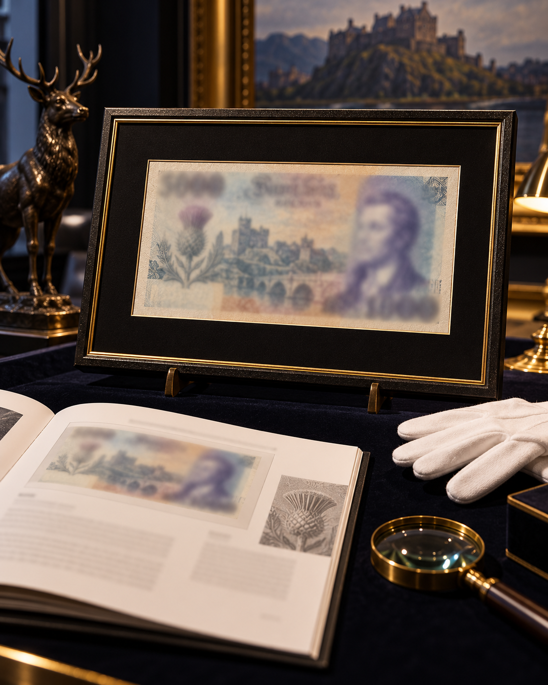 AI-generated symbolic auction display of a generic Scottish-style high-value note. It is not an actual £1,000 banknote or an auction record. Generated with OpenAI image generation; no external source or reuse license applies.