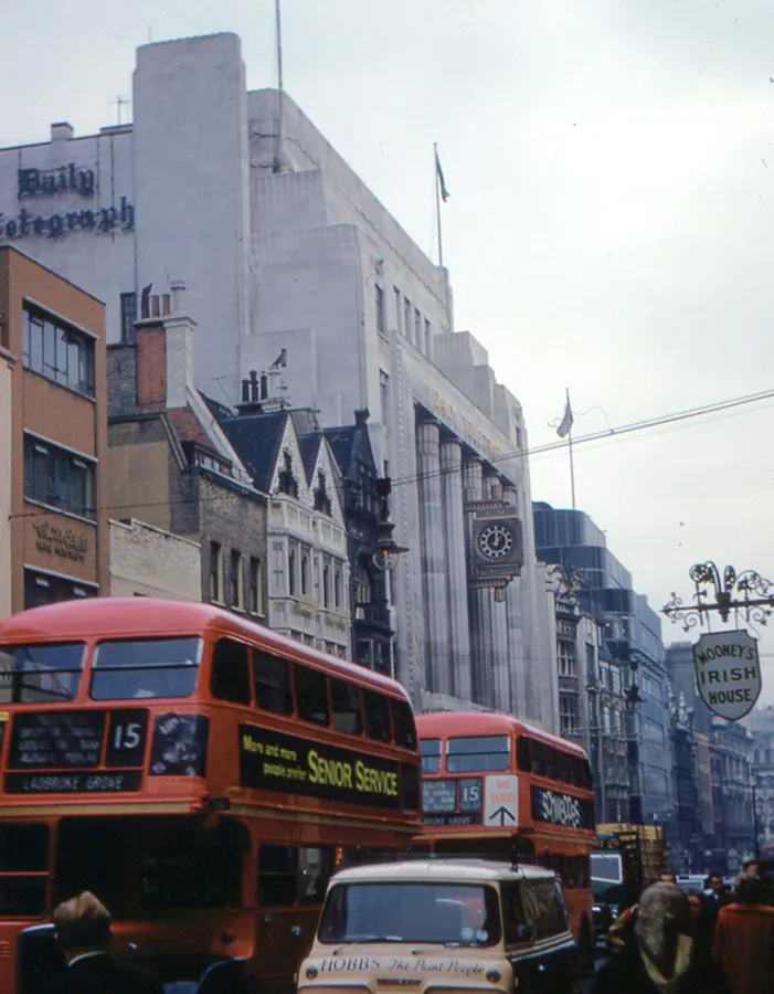 Fleet Street, central London, photographed 20 January 1961, when it was a centre of the newspaper business; contextual location image, not the McWhirters’ office. Roger Wollstadt (Flickr user Roger), Wikimedia Commons, https://commons.wikimedia.org/wiki/File:Fleet_Street,_London_20_January_1961.jpg, CC BY-SA 2.0 (https://creativecommons.org/licenses/by-sa/2.0/). Attribution: Roger Wollstadt, “Fleet Street, London 20 January 1961,” CC BY-SA 2.0, via Wikimedia Commons. Original image downloaded; checked 2026-10-18.