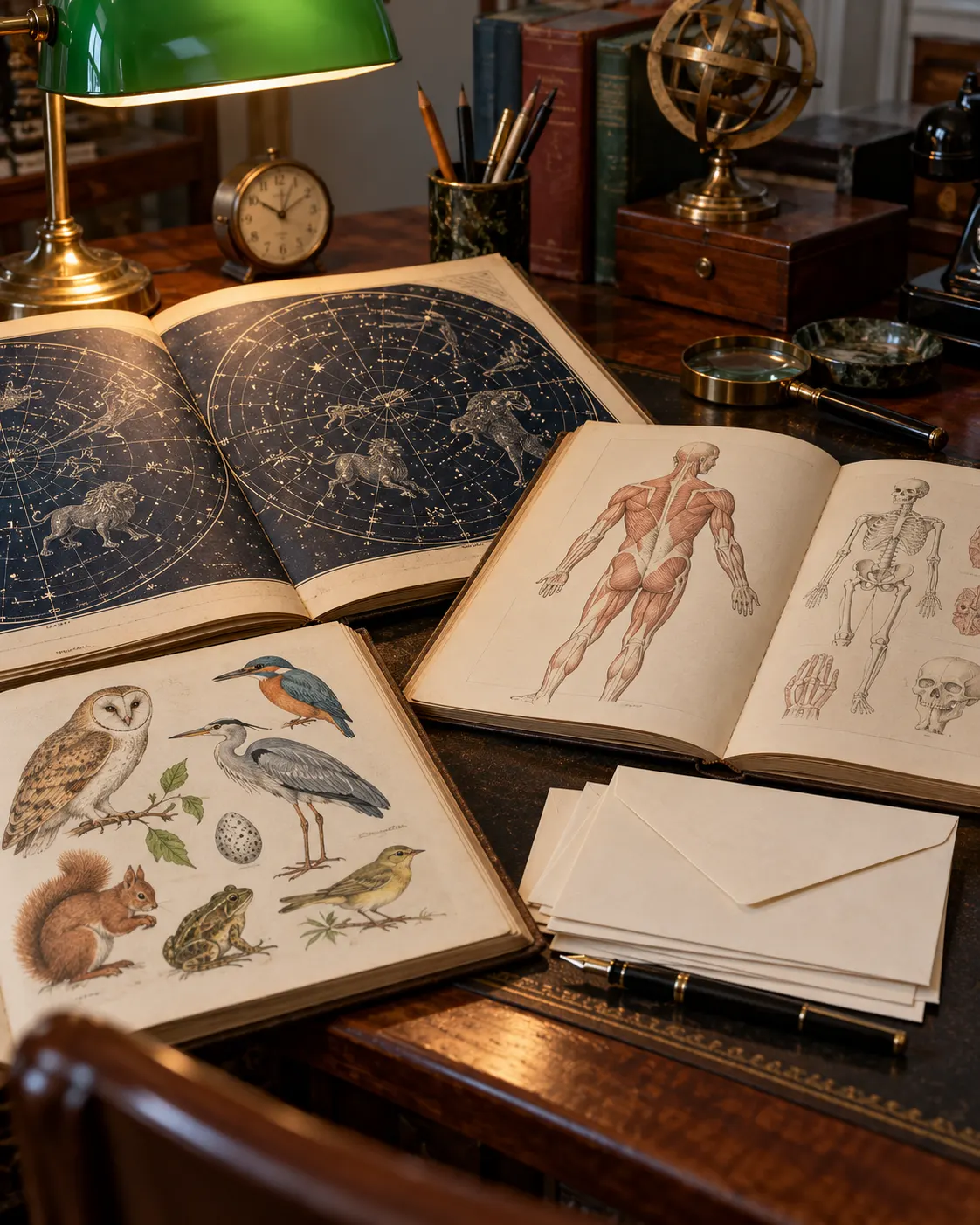 AI-generated period-style research desk with astronomy, anatomy and zoology references and blank correspondence; not actual research materials. Prompt: “Photorealistic vertical 4:5 editorial still life about expert fact-checking across disciplines: an old astronomy star chart, a simple anatomical reference illustration, a zoology field guide and several blank correspondence envelopes on a 1950s-style desk. Generic period props, no readable titles or notes, no logos, not actual McWhirter research materials.” Generated 20 October 2026.