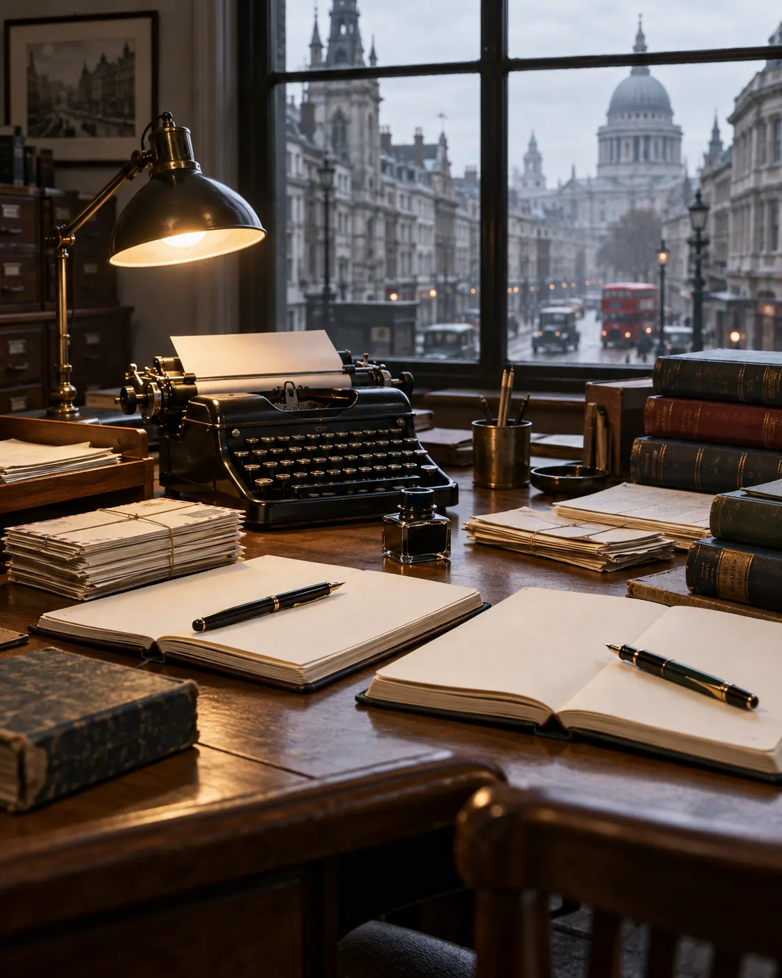 AI-generated cover: a generic 1950s London research desk with correspondence, notebooks, typewriter and reference books; not the McWhirter brothers or their actual materials. Prompt: “Photorealistic vertical 4:5 editorial cover evoking two fact researchers compiling a reference book in 1954 London. On a mid-century desk: neatly sorted correspondence, open blank notebooks, typewriter, reference books and two fountain pens, with Fleet Street office window softly behind. No people or actual archive materials, no readable text, no logos; generic historical illustration, not the McWhirter brothers.” Generated 20 October 2026.