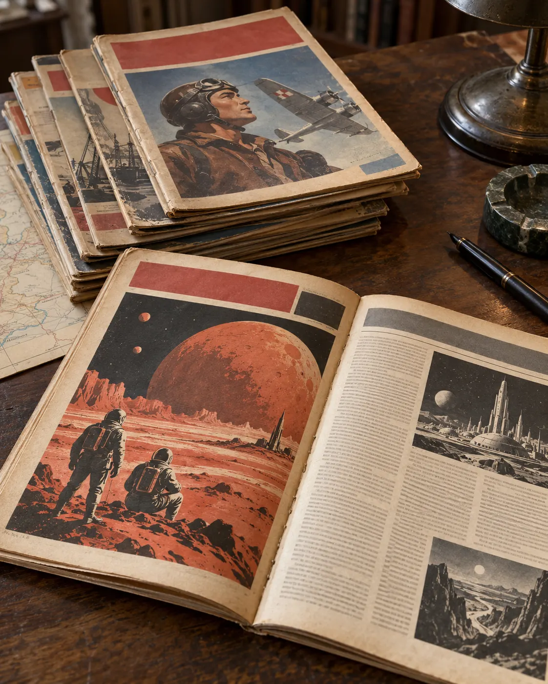AI-generated still life of fictional postwar weekly magazine pages featuring a serialized science-fiction story; not an authentic copy of *Nowy Świat Przygód*.