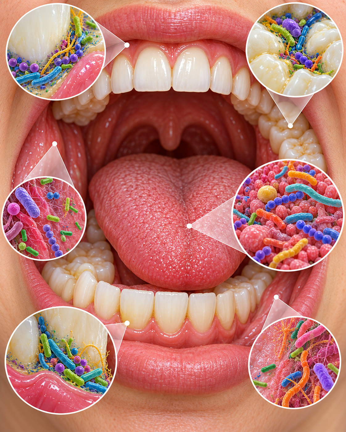 AI-generated conceptual view of microbes across oral surfaces; no exact count or clinical claim. Generated 2026-10-29. Prompt: “Vertical 4:5 bright educational microbiology illustration of a human mouth ecosystem: teeth, gums, tongue, with diverse tiny bacterial forms in distinct niches, stylized but scientifically plausible. Friendly clean textbook art, magnified cells around mouth surfaces, no disease depiction, no text, labels, numbers, or claim about exact counts.”