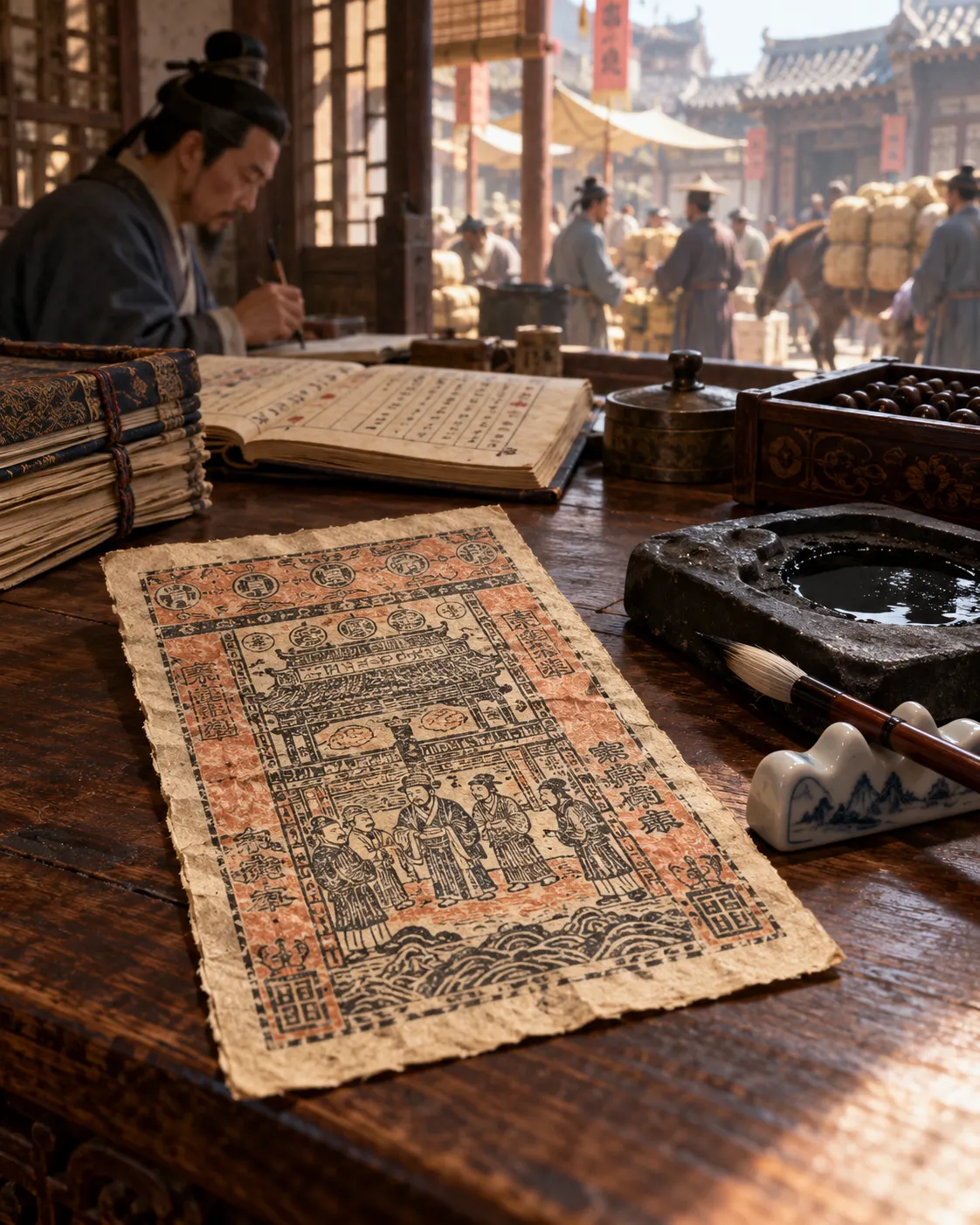 AI-generated illustrative reconstruction of an early Chinese paper note in a Song-era market office. It is not an authentic artifact or a reproduction of legible historical writing. Generated with OpenAI image generation; no external source or reuse license applies.