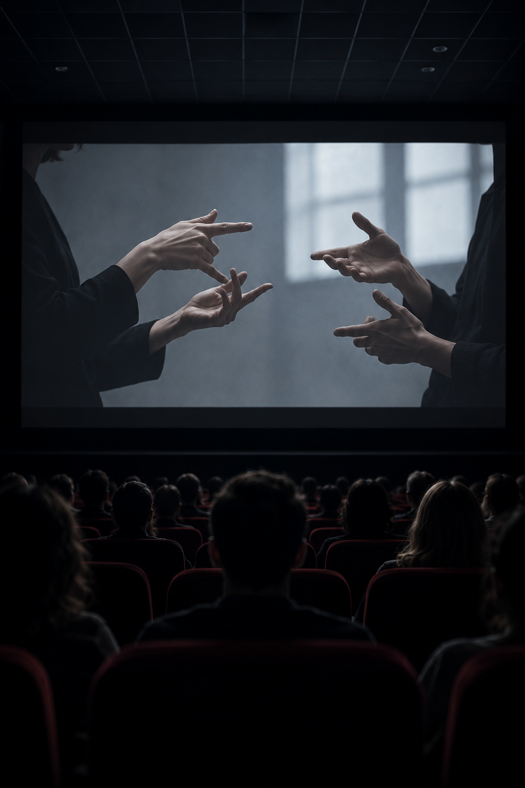 symbolic editorial reconstruction of audience watches anonymous hands signing on screen; it is not an archival photograph or a film frame.
