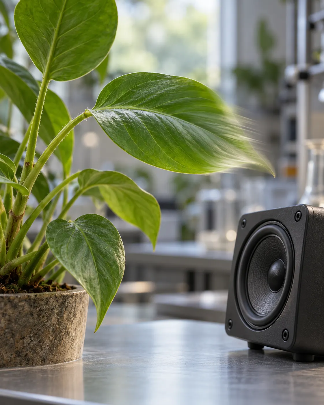 AI close-up illustration of a leaf beside a speaker.