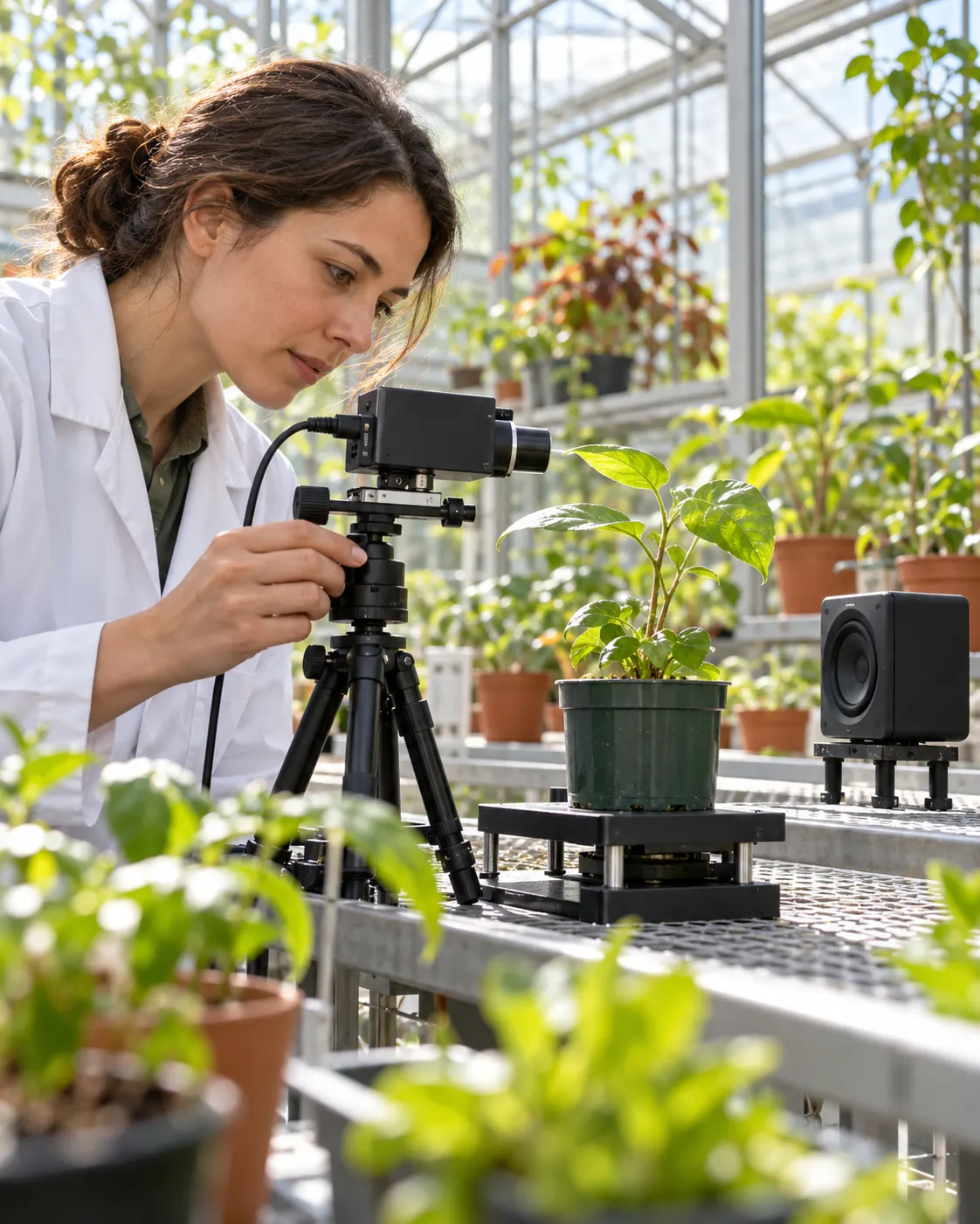 AI illustration of a botanist measuring a plant near a speaker.