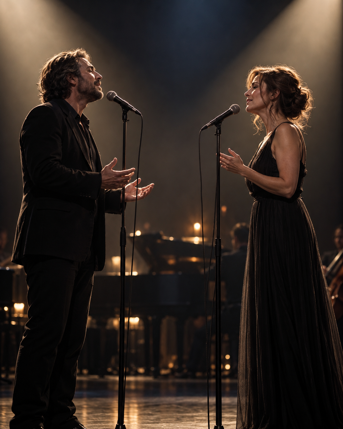 AI-generated symbolic cover of two anonymous singers sharing a stage; not the named performers or a real event.