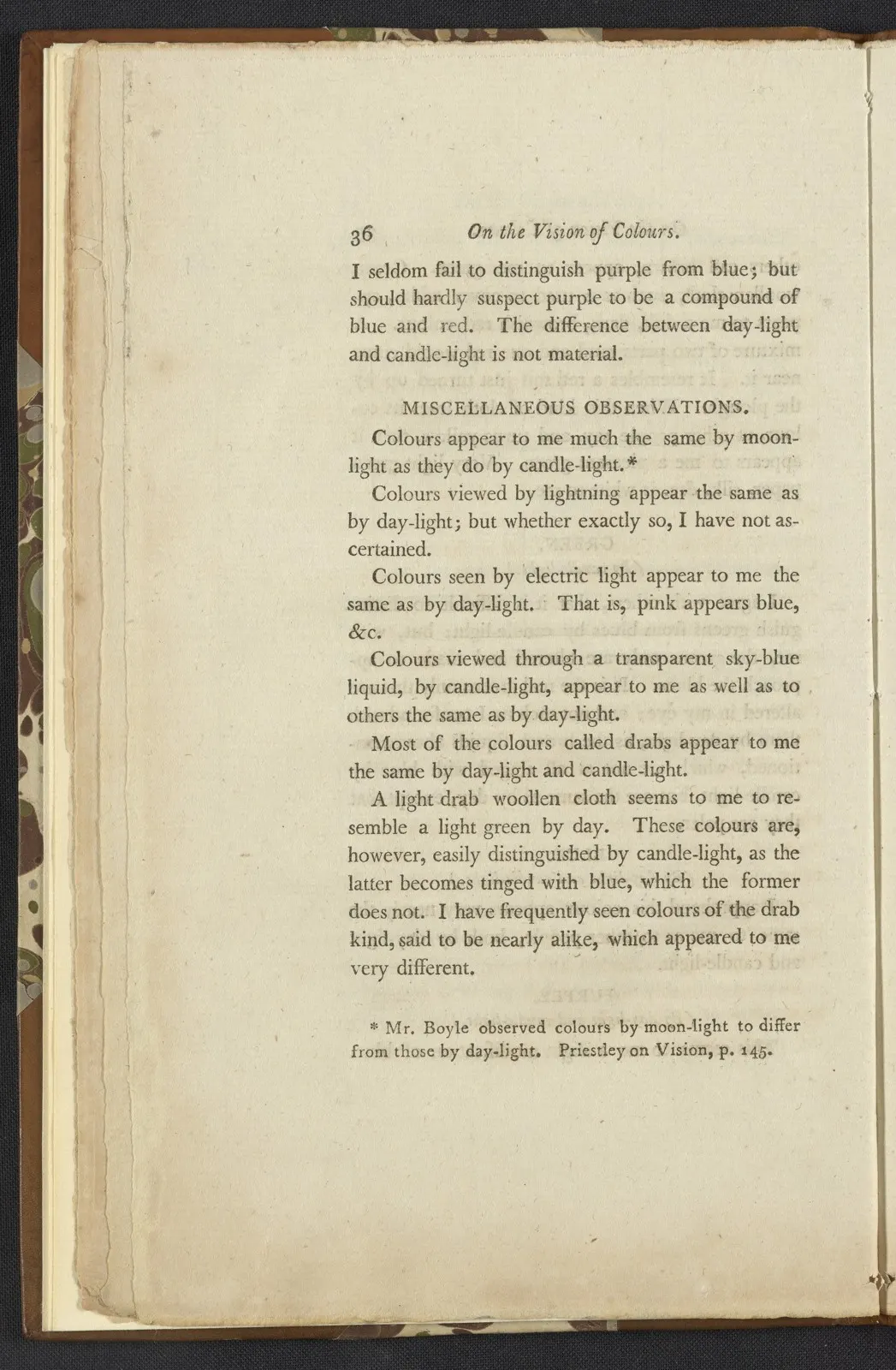 Digitized page 36 from John Dalton’s 1794 *Extraordinary Facts Relating to the Vision of Colours*, a primary source documenting his observations. [Original asset page](https://commons.wikimedia.org/wiki/File:Extraordinary_Facts_Relating_to_the_Vision_of_Colours-_With_Observations_-_DPLA_-_9888a1fc5bcf7520ccdf81a15a0ed40f_(page_10).jpg). Creator: John Dalton; digitized by the Science History Institute and contributed via DPLA/PA Digital. Public domain in the United States. Resized to 1047×1600 JPEG; visually checked 2026-10-20.