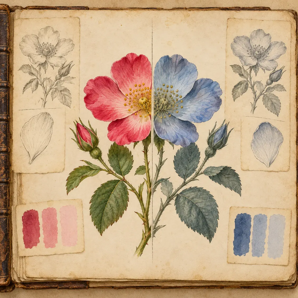 AI-generated symbolic illustration of a botanical flower and contrasting color impressions. It is not a historical artifact or a scientifically accurate simulation of Dalton’s perception. Creator: OpenAI image generation. No external media or reuse license applies.