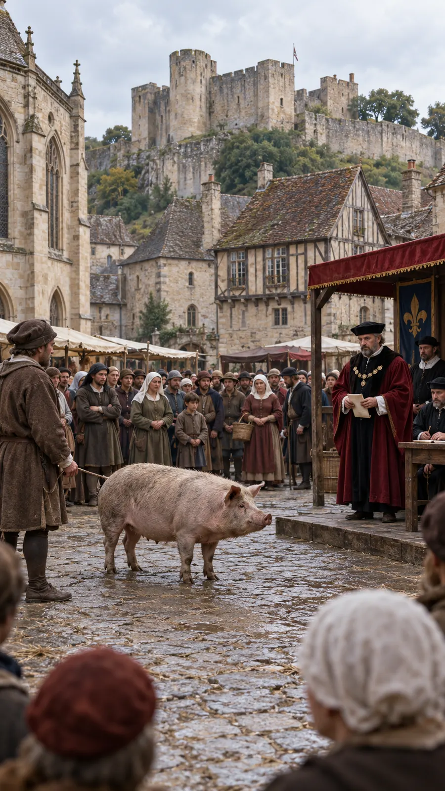AI-generated historical reconstruction / Титульна AI-реконструкція. A pig and townspeople in a Norman medieval town square, illustrating the setting of the Falaise case. It does not depict a verified moment or actual people.