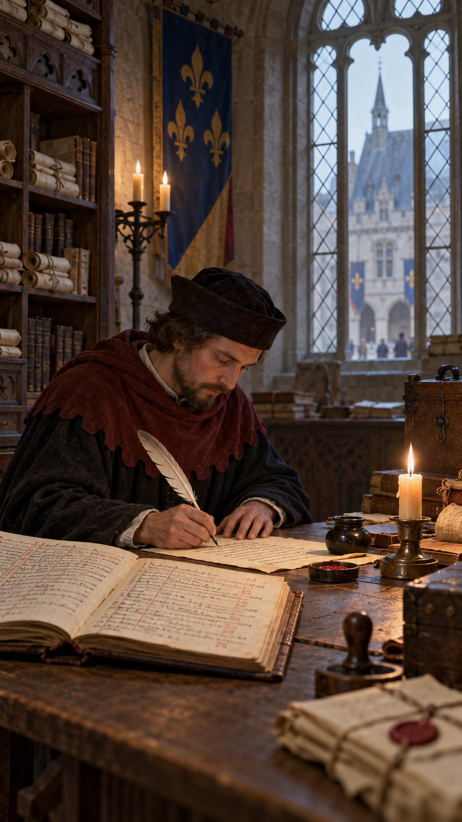 AI-generated illustration of a medieval clerk writing a receipt, representing the documentary record rather than the specific execution.