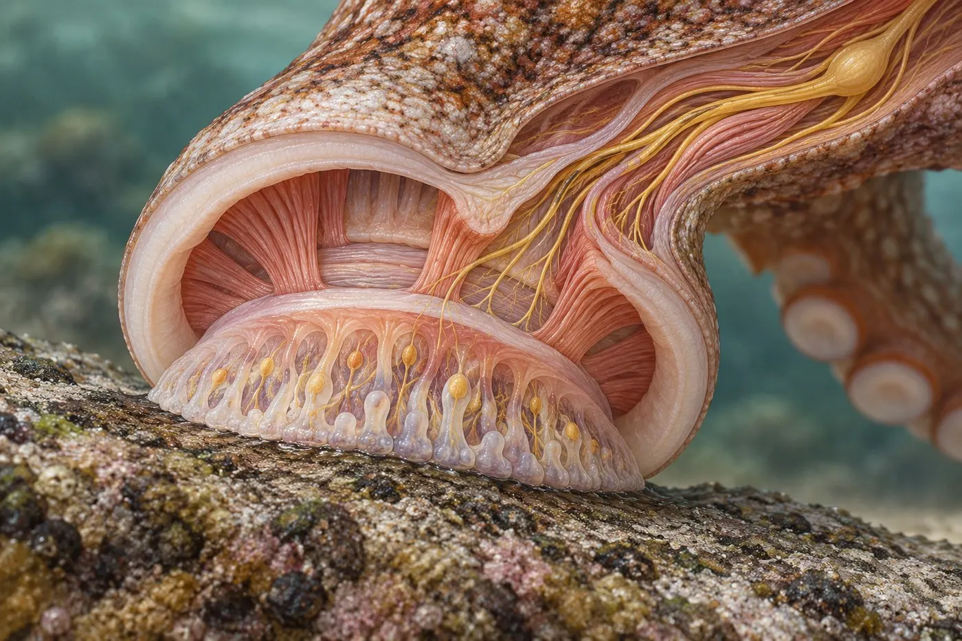 Conceptual enlarged view of sucker tissue contacting a surface and a sensory pathway.