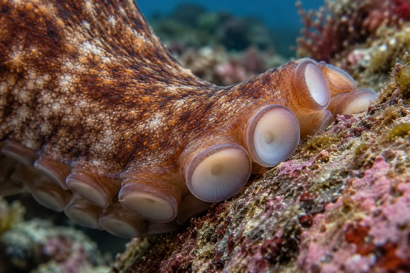 Close view of octopus suckers contacting a rocky surface.