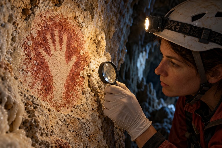 AI-generated symbolic cover. A researcher examines an ancient red hand stencil and calcite crust; symbolic reconstruction, not a site photograph.