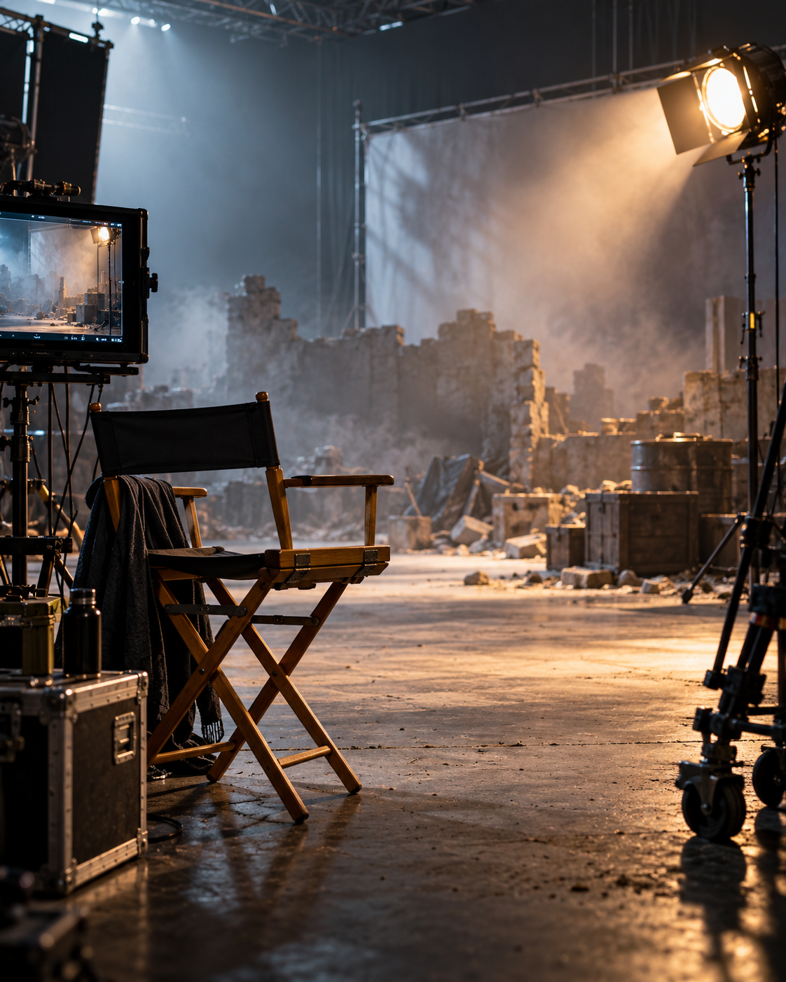 AI-generated with OpenAI image generation. Prompt: “Photorealistic editorial cover about correcting a movie myth about grenade explosions. A film set with a director's chair and an empty stage marked by soft dust and a harmless theatrical light effect, no weapons, no explosions, no injuries, no people, no readable text, documentary behind-the-scenes look, moody studio light, portrait 4:5.”
