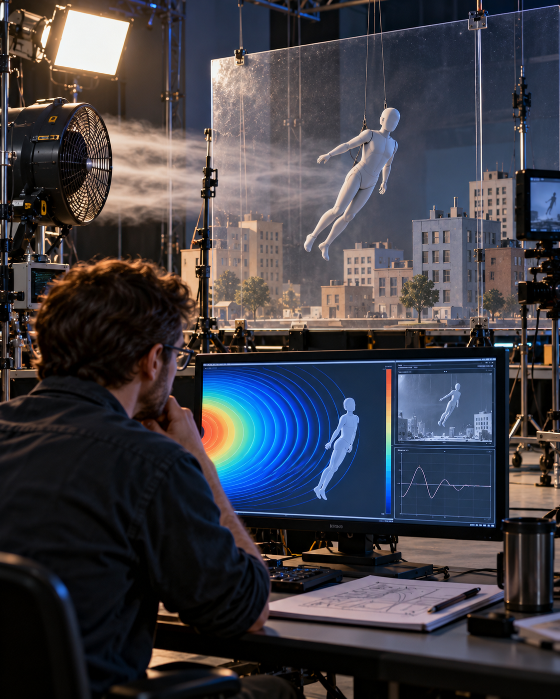 AI-generated with OpenAI image generation. Prompt: “Distinct photorealistic editorial illustration for a science article about movie special effects versus real physics. A film crew's miniature soundstage displays a suspended lightweight mannequin silhouette behind a transparent effects shield while a technician studies a pressure-wave diagram on a monitor with no readable text; no weapons, no explosions, no injury, no brand names. Calm educational setting, portrait 4:5.”