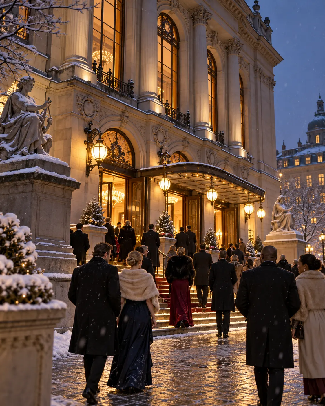 AI-generated cover: a fictional winter gathering outside a Stockholm-style concert hall, illustrating the recurring December award ceremony; not a depiction of a specific real ceremony. Prompt: “Photorealistic vertical 4:5 editorial cover for a historical article about Nobel Prize ceremonies traditionally held on 10 December, the anniversary of Alfred Nobel's death. Create a respectful atmospheric winter evening outside a grand Stockholm concert hall, warmly lit windows and a small diverse crowd arriving in formal coats, subtle snow, early 20th-century architectural mood but contemporary clarity. No identifiable real people, no flags, no logos, no readable signs, no text, no medals. Historically inspired generic scene, not a specific documented event.” Generated 19 October 2026.