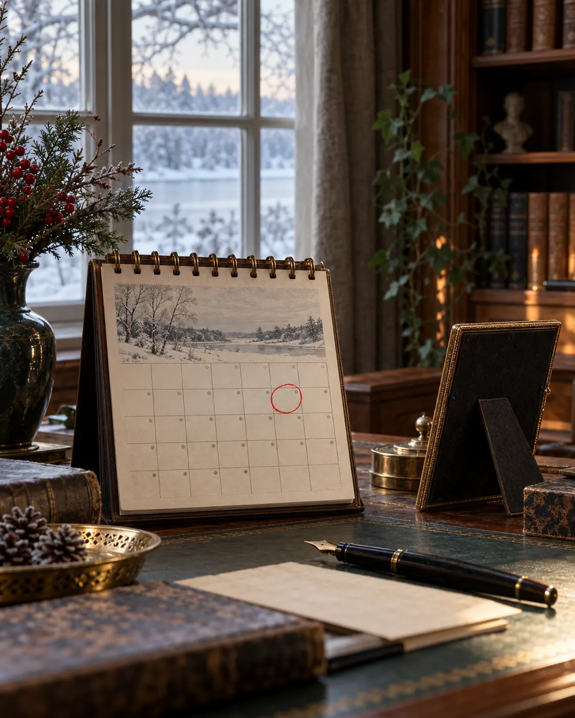 AI-generated editorial still life of a winter study, a calendar page marked with a circle, and a turned-away portrait frame, illustrating an annual anniversary date. The calendar has no readable date. Prompt: “Photorealistic vertical 4:5 editorial still life explaining 10 December as an annual anniversary date: a vintage desk calendar open to December with the tenth day subtly circled in red, beside an old fountain pen and a small archival portrait photograph frame turned away so no face is visible, winter window light, elegant Swedish study, historically neutral. No readable words or numerals, no logos, no flags, no medals.” Generated 19 October 2026.
