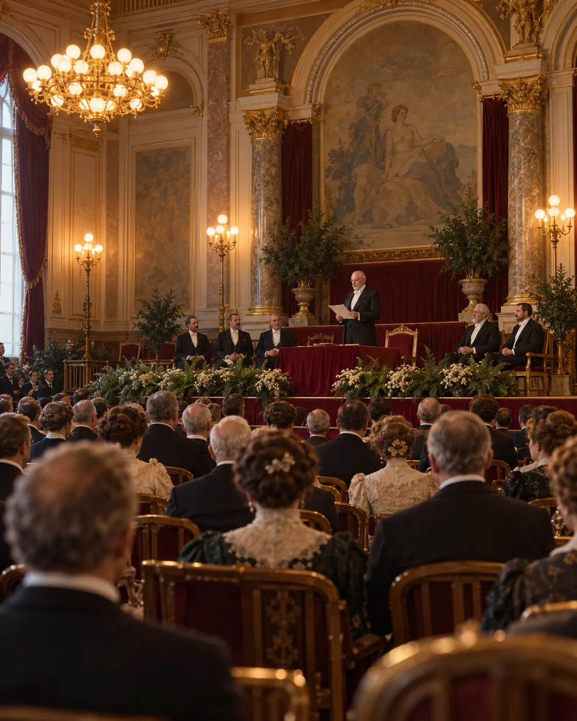 AI-generated generic historical reconstruction of a formal early 20th-century prize ceremony; fictional people and staging, not a documentary depiction of the 1901 event. Prompt: “Photorealistic vertical 4:5 editorial illustration of the first Nobel Prize ceremony in 1901, but explicitly as a generic historical reconstruction, not a documentary image: an elegant early-20th-century formal hall with a seated audience and a small group on stage, warm archival color palette, restrained composition. No identifiable real people, no recognizable portraits, no logos, no medals, no text, no flags.” Generated 19 October 2026.