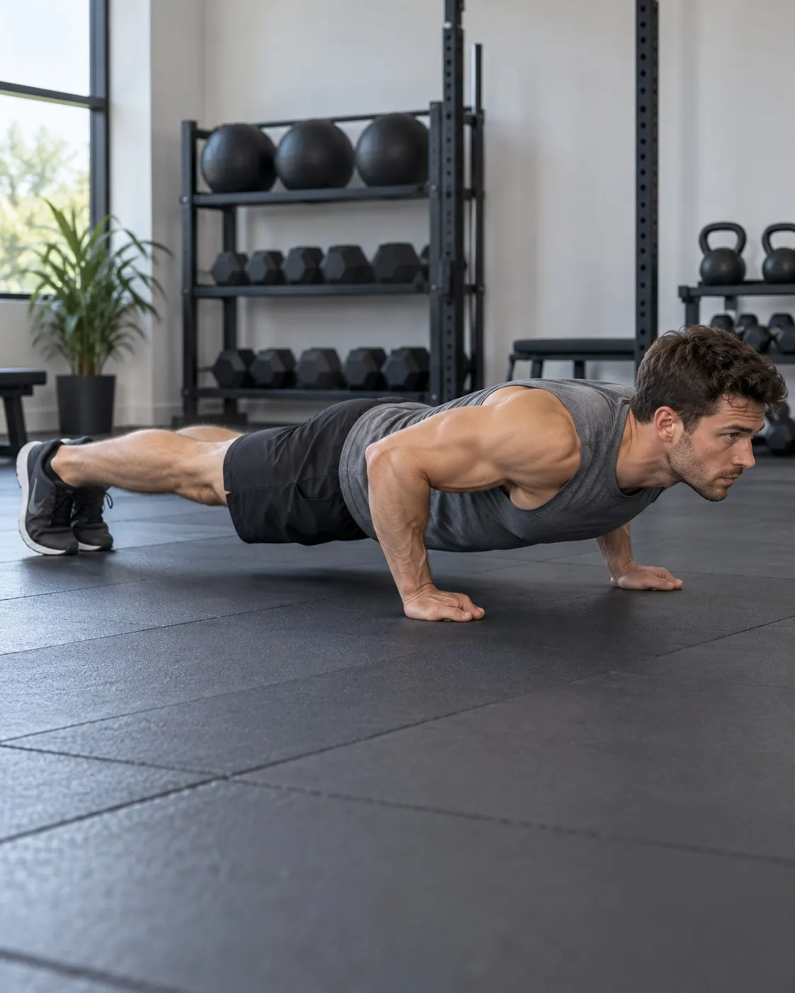 AI-generated cover of a fictional athlete doing a conventional palm-supported push-up; the generated image does not reproduce the back-of-hands variation. Not Paddy Doyle or his record attempt. Prompt: “Photorealistic vertical 4:5 editorial cover of a fictional adult male athlete demonstrating a controlled back-of-hands push-up position on a padded gym mat, side view, body aligned, hands visibly supported on the backs of the hands, calm focused expression, clean training room. Generic exercise demonstration, not Paddy Doyle or a record attempt; no repetition count or duration implied. No injury, text, logos, stopwatch or numbers.” Generated 20 October 2026.