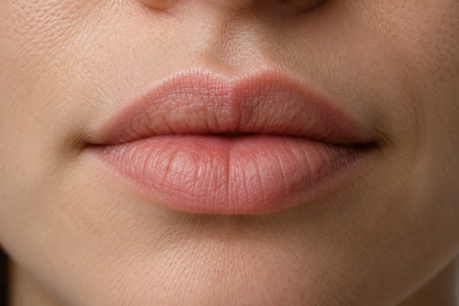 AI-generated anonymous close-up of natural lip folds. OpenAI image generation, 2026-10-28. Prompt: Photorealistic editorial macro portrait focused on natural human lips with subtle visible lines and folds, neutral skin tones, clean soft studio light, tasteful medical science article cover, no makeup shine, no text, labels, logos, watermark, or collage; anonymous generic person not identifiable. Illustrative only; not forensic evidence.