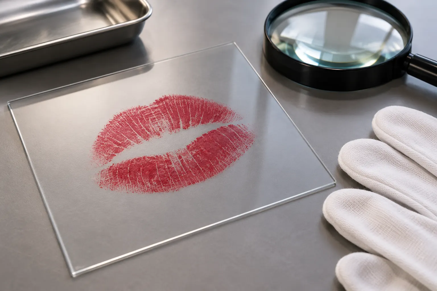 AI-generated red lip-pattern impression on a lab surface. OpenAI image generation, 2026-10-28. Prompt: Photorealistic editorial forensic science still life of a clean transparent sheet showing an abstract red lip-print pattern beside a magnifying glass and cotton gloves on a neutral lab bench, no personal identity, tasteful educational scene, no text, numbers, labels, logos, watermark, or collage. Synthetic illustrative pattern, not a case sample.