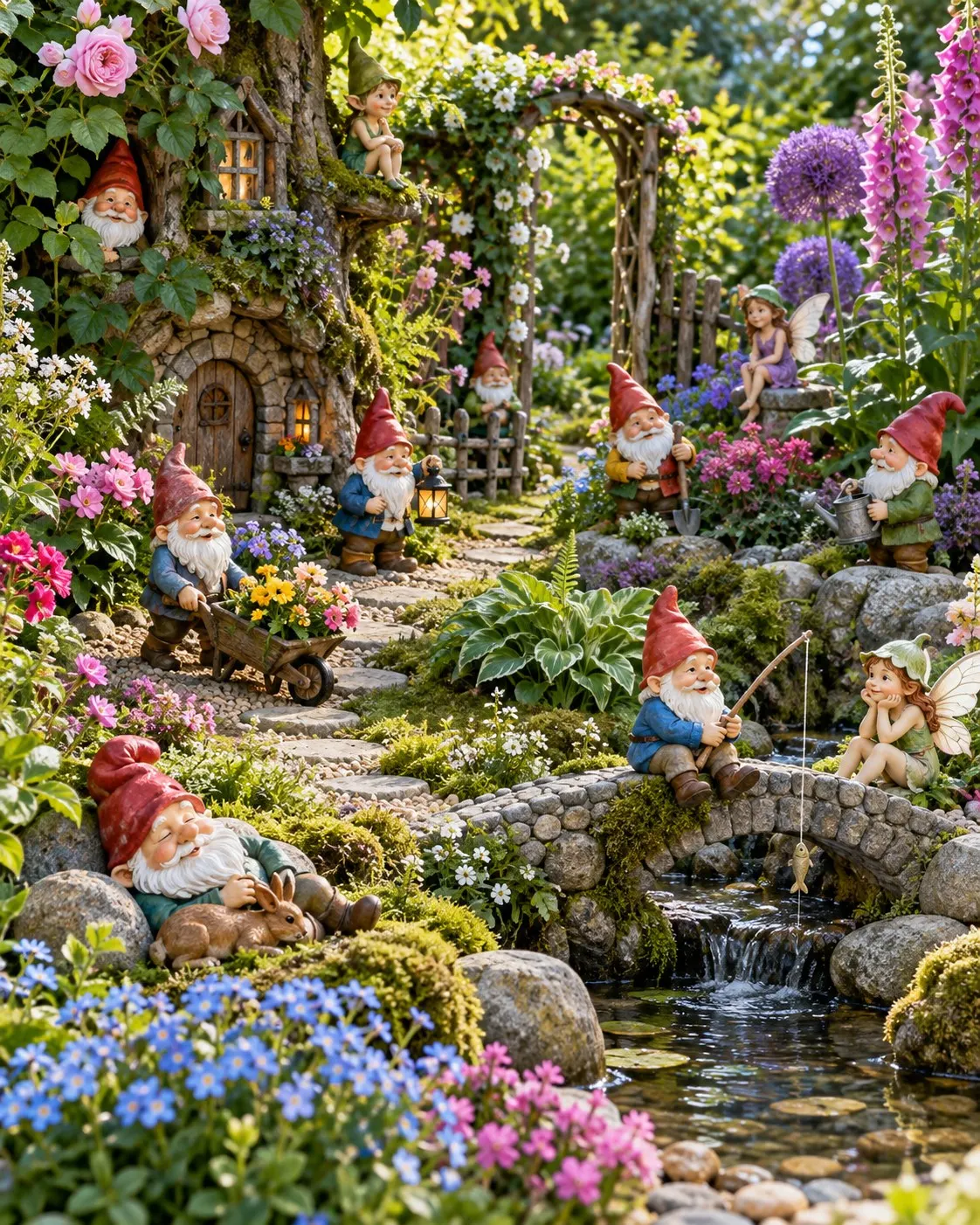 AI-generated cover of a fictional garden display of gnome and pixie figures; not Ann Atkin’s garden or an exact count. Prompt: “Photorealistic vertical 4:5 editorial cover of a whimsical garden display with many colorful small garden gnome and pixie figurines arranged among flowers, moss and a winding path, charming natural daylight, rich detail. Fictional display, not Ann Atkin's garden or collection and not an exact count. No readable text, signs, logos or people.” Generated 20 October 2026.