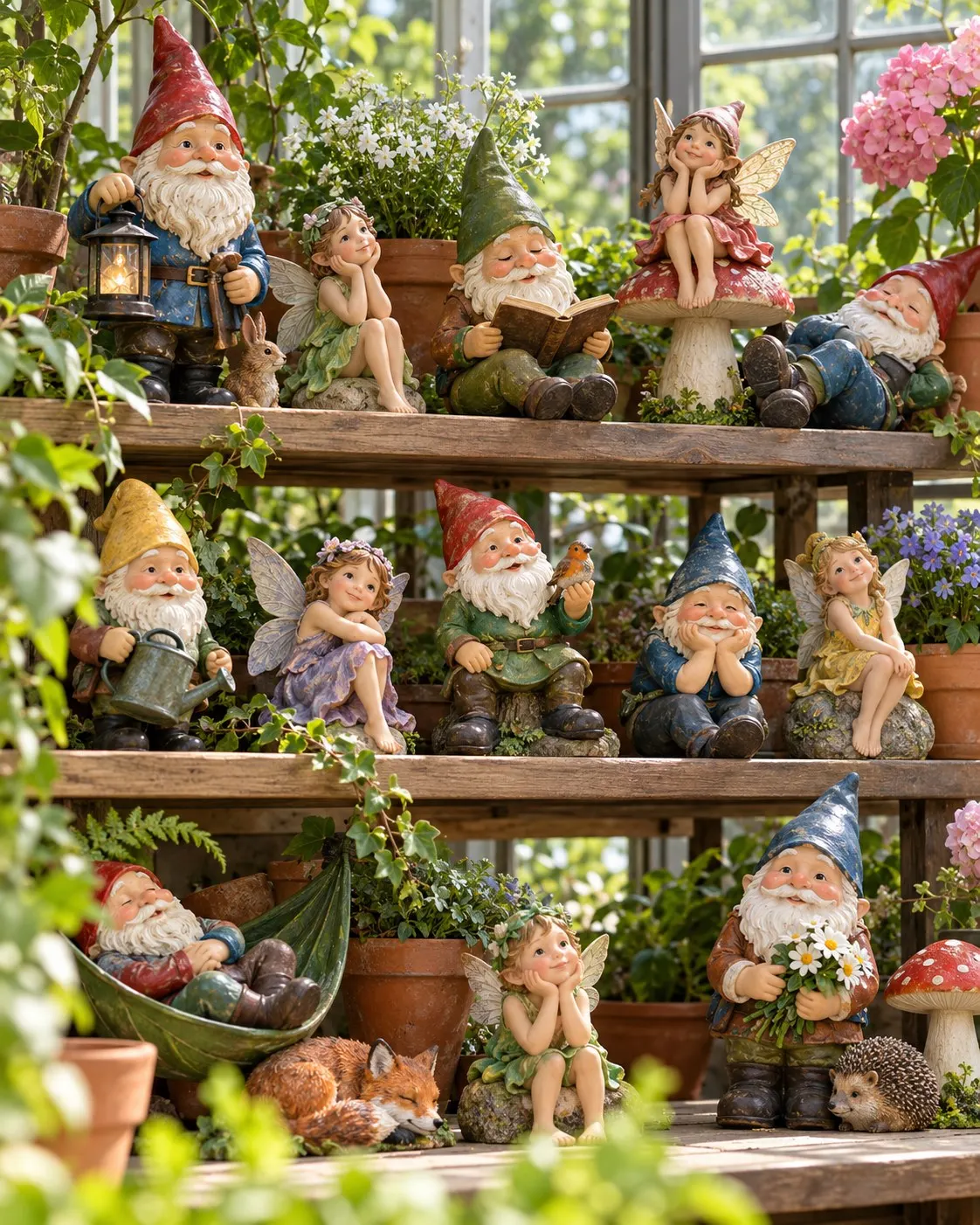 AI-generated fictional selection of garden gnome and pixie figurines on shelves; not Atkin’s collection. Prompt: “Photorealistic vertical 4:5 editorial still life of a collector's garden gnome and pixie figurines arranged on wooden shelves in a bright conservatory, varied ceramic colors and poses, plants softly framing the display. Fictional selection, not Ann Atkin's collection and no exact count implied. No readable text, signs, logos or people.” Generated 20 October 2026.
