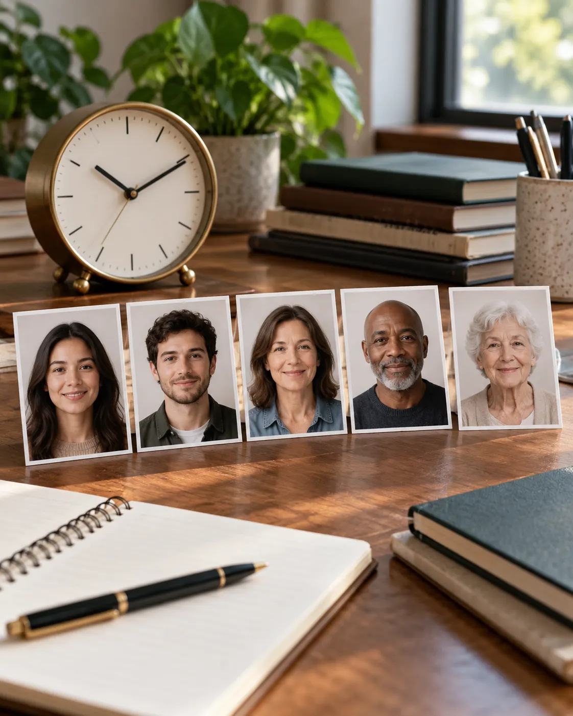 AI-generated editorial still life: an analog clock and blank portrait cards of people at different ages, illustrating how an average summarizes individuals. Prompt: “Photorealistic editorial still life, vertical 4:5: a simple analog clock beside a row of blank portrait cards showing varied ages from young adult to elderly, arranged on a research desk with notebooks, visually suggesting an average across different individuals. No legible names, numbers, text, or logos; generic illustration.” Generated 19 October 2026.