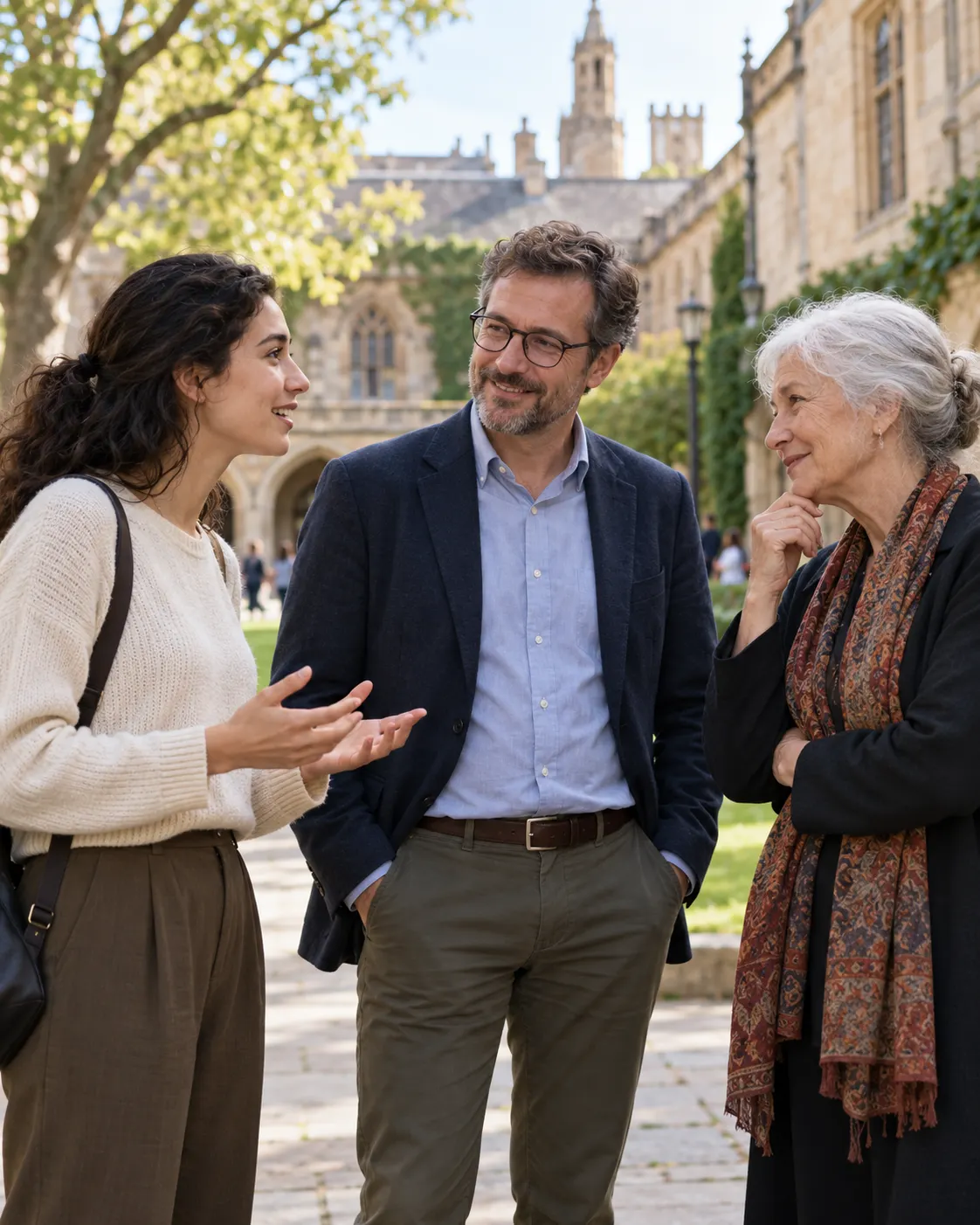 AI-generated generic scene of three fictional people at different life stages talking in a university courtyard; not real Nobel laureates or a documented event. Prompt: “Photorealistic editorial illustration, vertical 4:5: three fictional laureate-like individuals of different ages—a young adult, a middle-aged researcher, and an older scholar—standing in a university courtyard, candid respectful scene, soft daylight. They are generic people, not real Nobel laureates or a documented event. No medals, logos, or readable text.” Generated 19 October 2026.