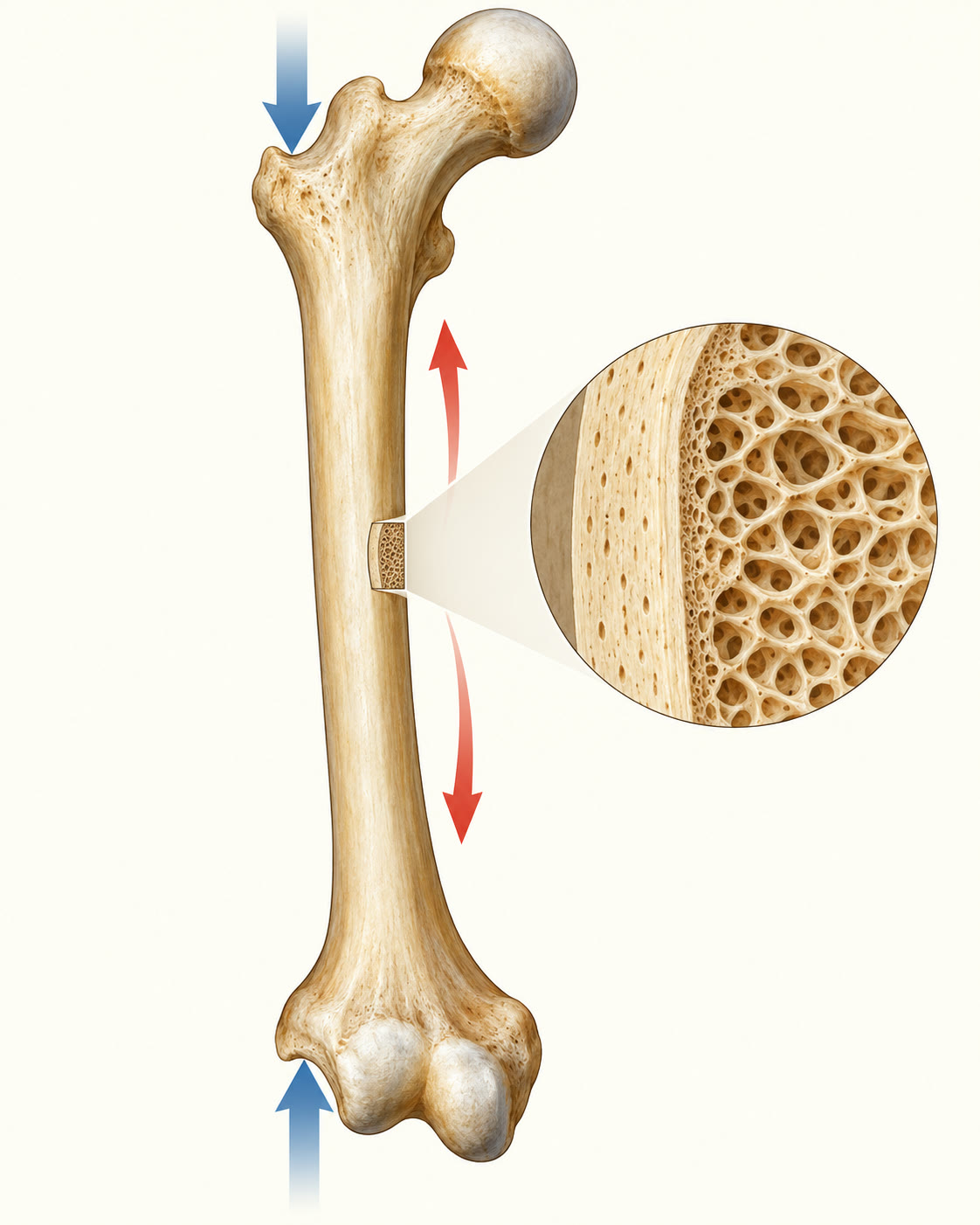 AI-generated conceptual illustration of a femur and loading directions; not a diagnostic image or numeric scale. Generated 2026-10-29. Prompt: “Vertical 4:5 educational scientific illustration of a human femur showing a small cross-section of dense outer cortical bone and porous inner bone, with subtle opposing arrows indicating compression along the long axis and a separate gentle pulling indication for tension. Museum textbook infographic style, realistic anatomical femur silhouette, clean cream background, muted bone and blue-red accents. No text, letters, numbers, labels, scale, comparison to other materials, or claims. Not a clinical image.”