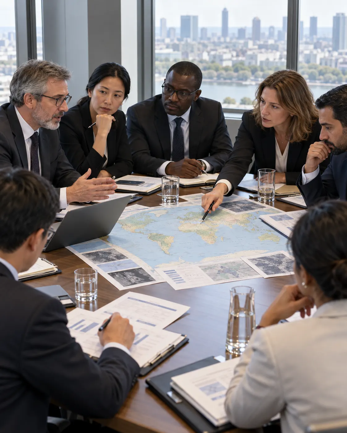AI-generated generic illustration of international disarmament experts meeting to review reports; not an OPCW meeting or documented event. Generated 19 October 2026. Prompt: “Photorealistic editorial image, vertical 4:5: international arms-control and disarmament experts from different countries meeting around a conference table, discussing inspection reports and a world map, calm professional atmosphere, generic fictional officials, no flags, no logos, no readable text, no weapons or hazardous materials.”