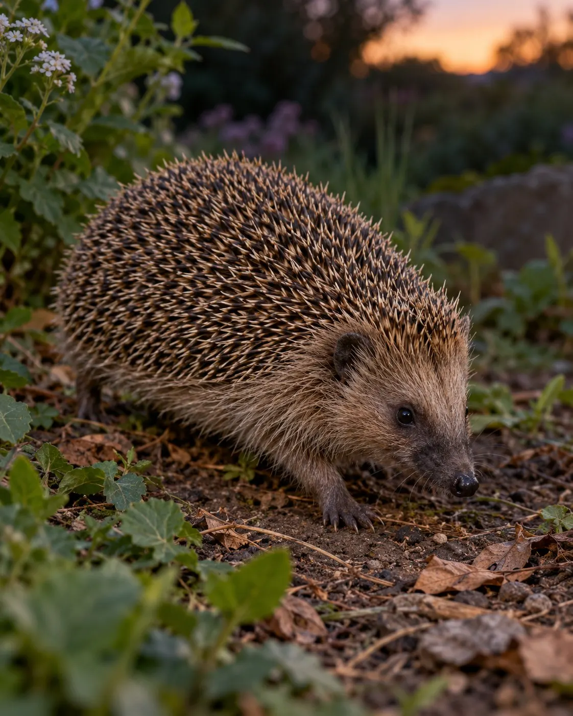 Титульна AI-згенерована ілюстрація / AI-generated cover illustration. Adult European hedgehog walking through a natural garden, with its back and side spines clearly visible.