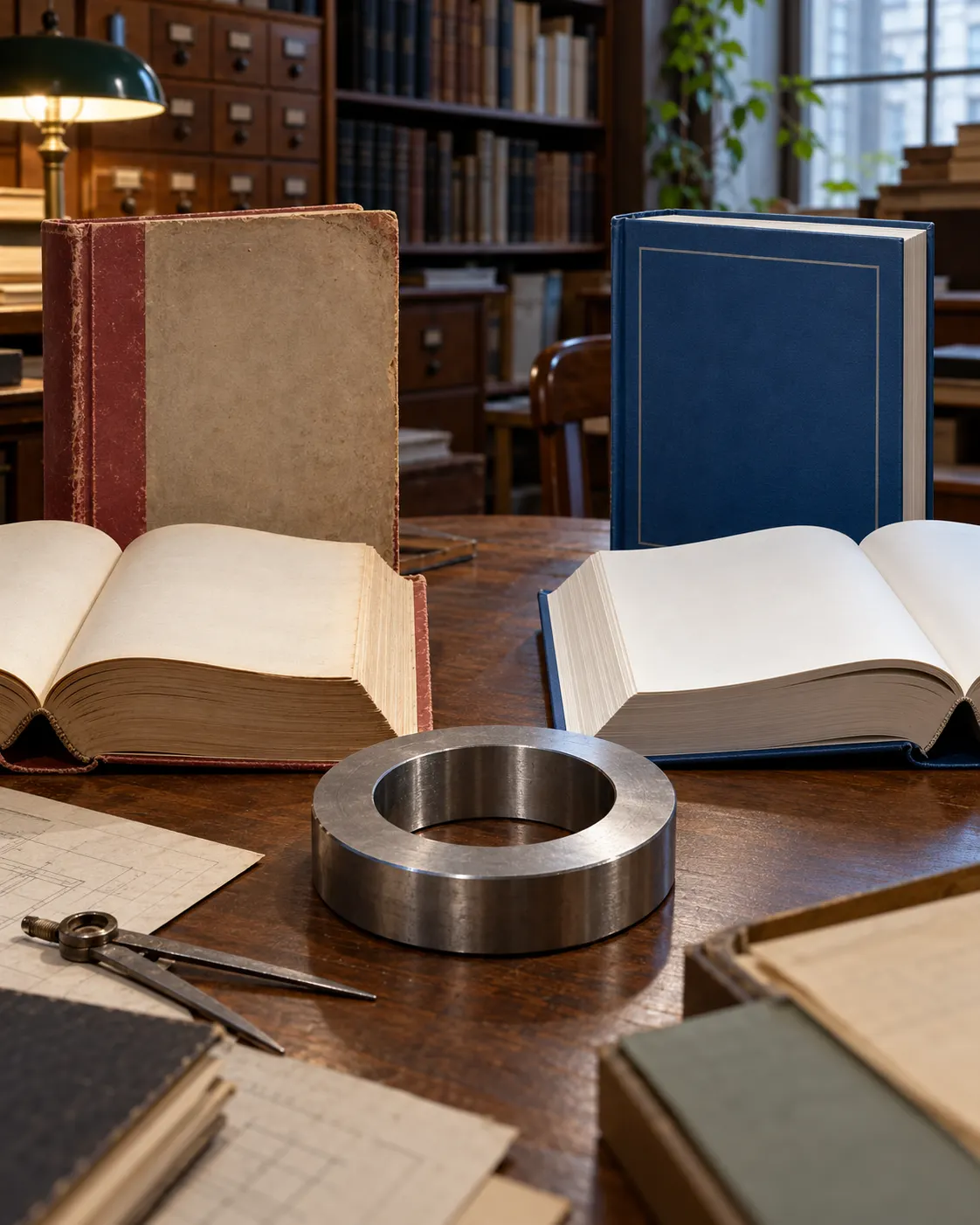 AI-generated with OpenAI image generation. Prompt: “A distinct photorealistic editorial scene for a history article about a Soviet technical standard revised decades later. Two thick archival standards books, one with a faded 1990-style cover and one modern blue handbook, sit open side by side on a librarian's table; pages contain no readable writing or symbols. A large metal measuring ring lies between them. No weapon, no ammunition, no logos, no visible dates or text. Quiet archive light, layered depth, portrait 4:5, symbolic reconstruction.”
