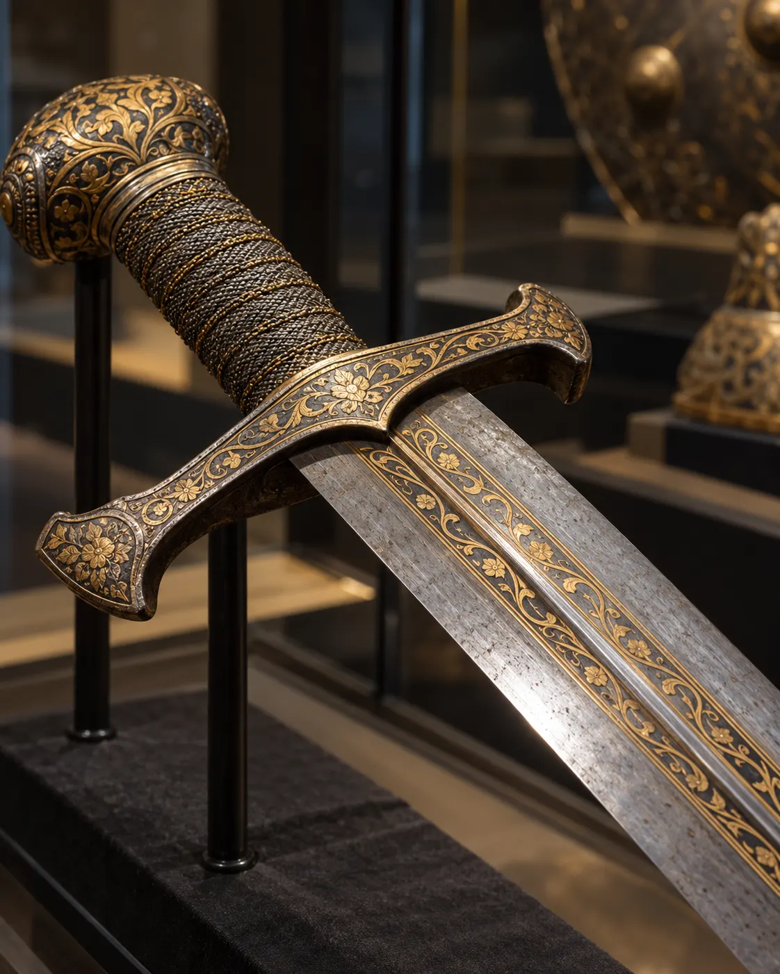 AI-generated with OpenAI image generation. Prompt: “Photorealistic editorial cover for a museum article about precious-metal inlay on historical steel. Close-up of a historical sword hilt and blade section inside a museum case, showing delicate gold wire ornament in grooves, no readable inscriptions, no people, no violence, no logos. Refined side lighting, accurate metal texture, portrait 4:5.”