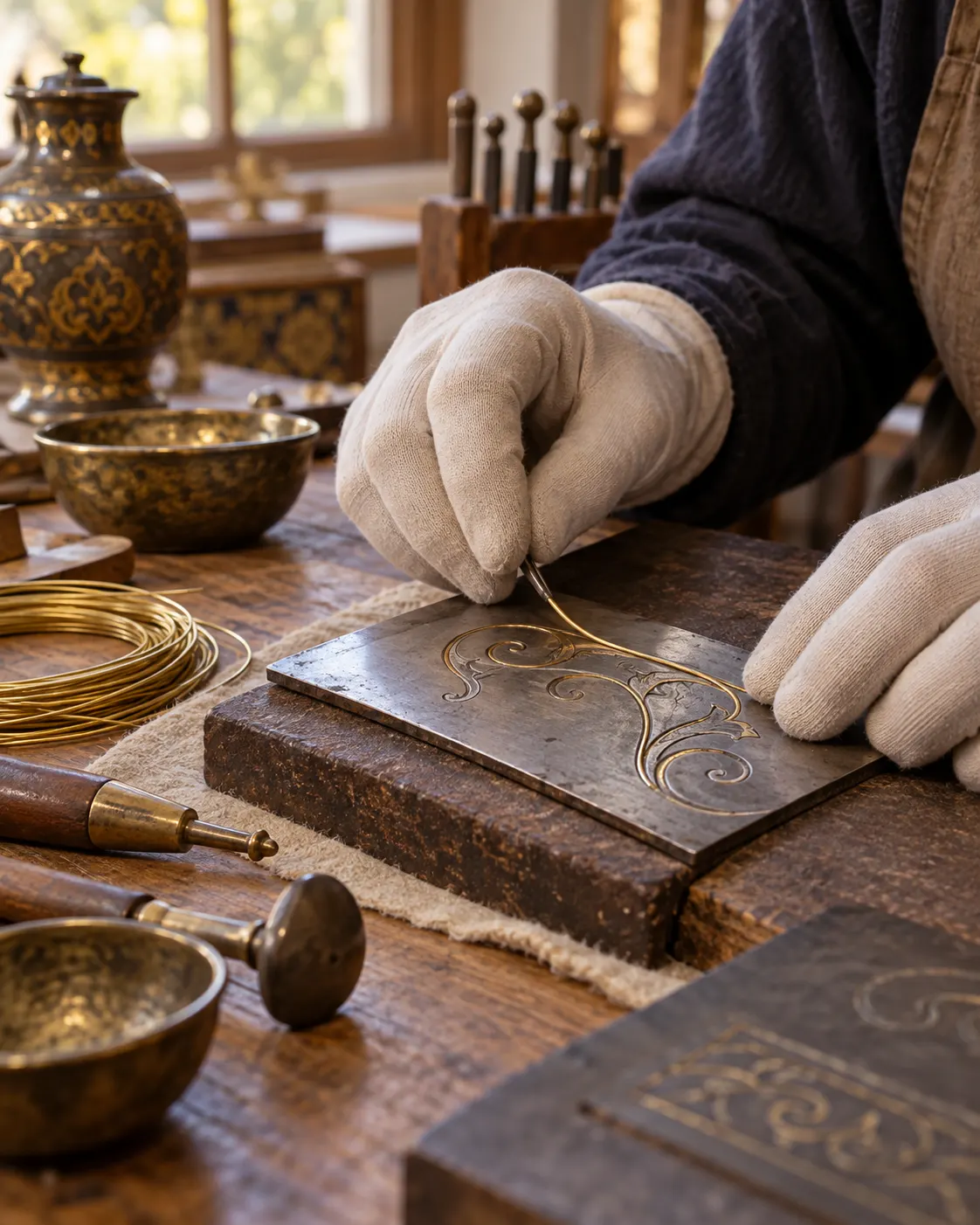 AI-generated with OpenAI image generation. Prompt: “Distinct photorealistic editorial scene of a historical metalworking conservation studio: craftsperson's gloved hands demonstrate a thin decorative metal wire being pressed into shallow prepared grooves on a small steel sample plate, tools are nonfunctional decorative craft tools, no weapon, no blade, no people faces, no text or logos. Museum education documentary, warm natural light, portrait 4:5.”