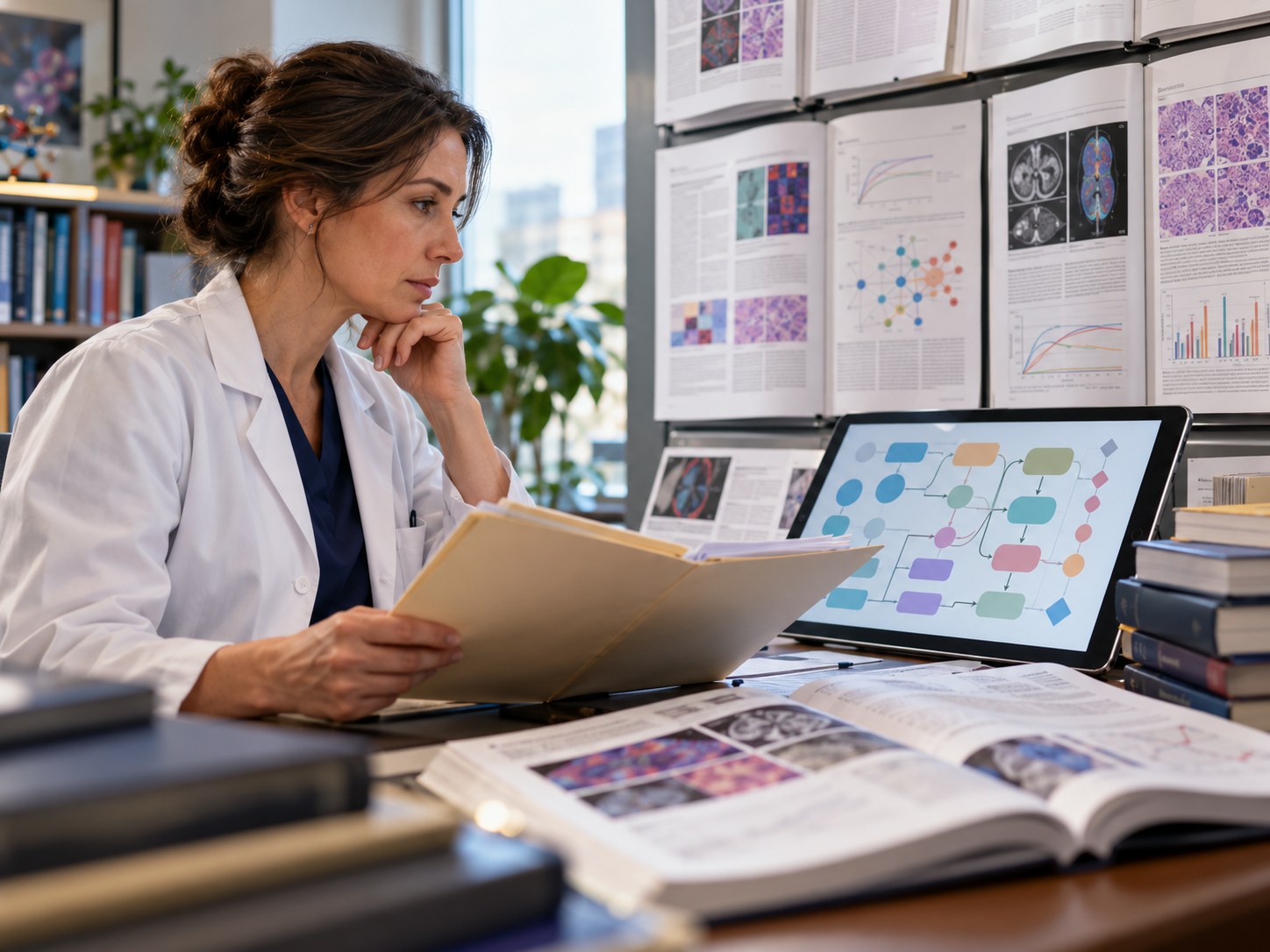 AI-generated illustration of an oncologist comparing a case file with medical literature and abstract treatment pathways; no real patient information or records.