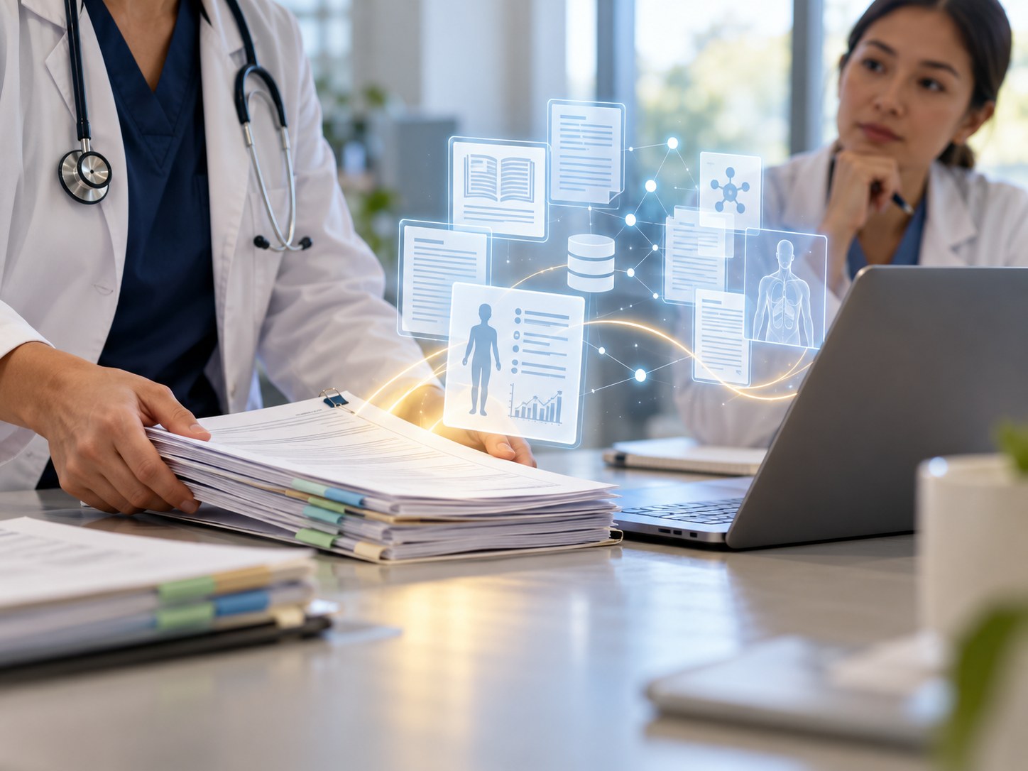 AI-generated illustration of clinicians organizing anonymized case information with software as a supporting tool, not an autonomous diagnostician.